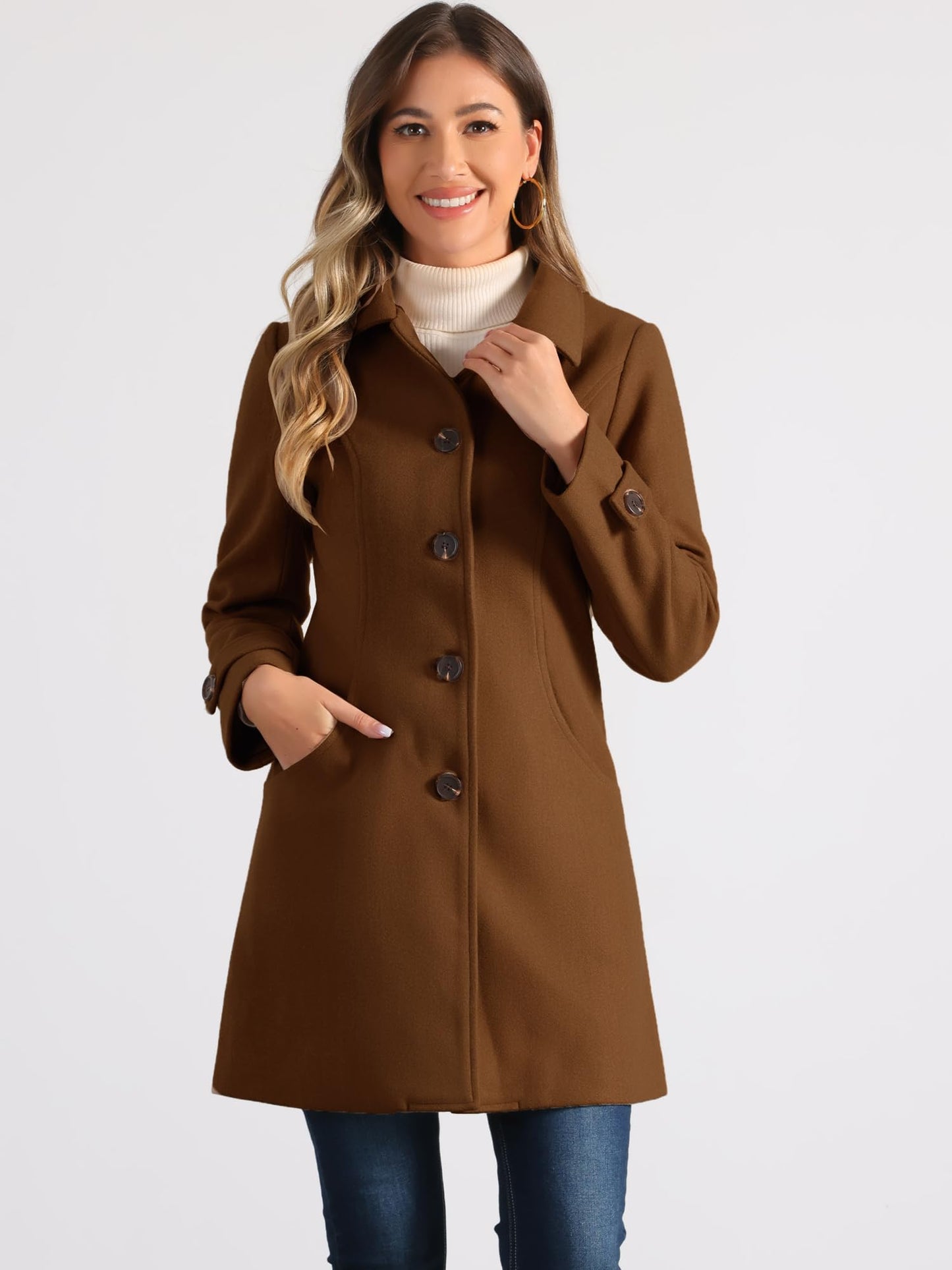 Allegra K Damen Winter Oberbekleidung Mantel Peter Pan Kragen Mitte Oberschenkel A-Linie Einreihig Pea Coat