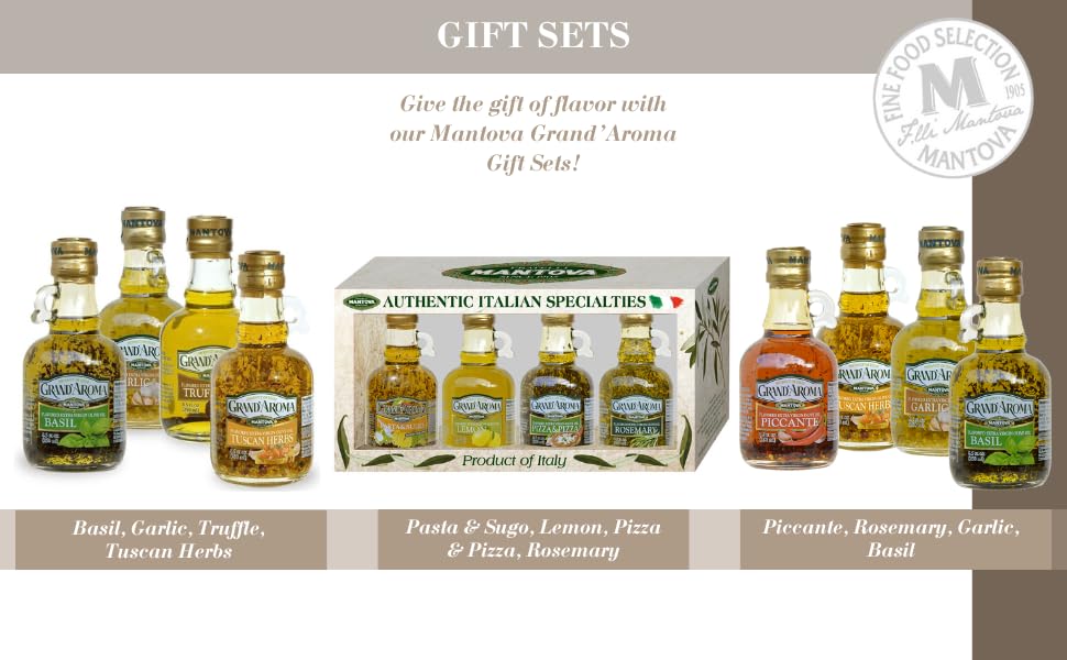 Huiles d'olive extra vierges aromatisées Mantova Grand'Aroma, coffret cadeau varié, fabriquées en Italie, pressées à froid, 100 % naturelles, bonnes pour le cœur, pour griller, faire des barbecues, fumer et cuisiner, 250 ml (lot de 4) 