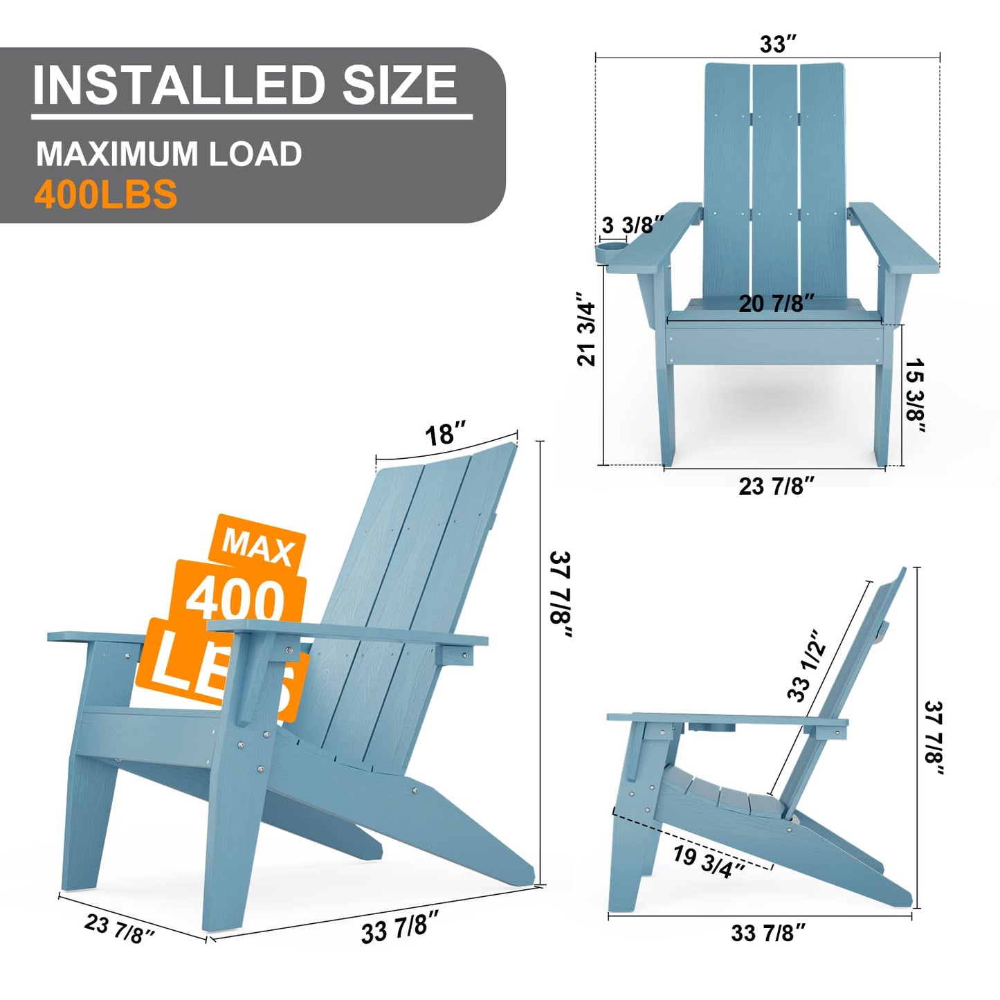 MXIMU Moderne Adirondack-Stühle, 4er-Set, wetterbeständig, mit Getränkehalter, übergroße Feuerstellenstühle aus Kunststoff, Kunststoff-Außenstühle für den Sitzbereich an der Feuerstelle (schwarz) 