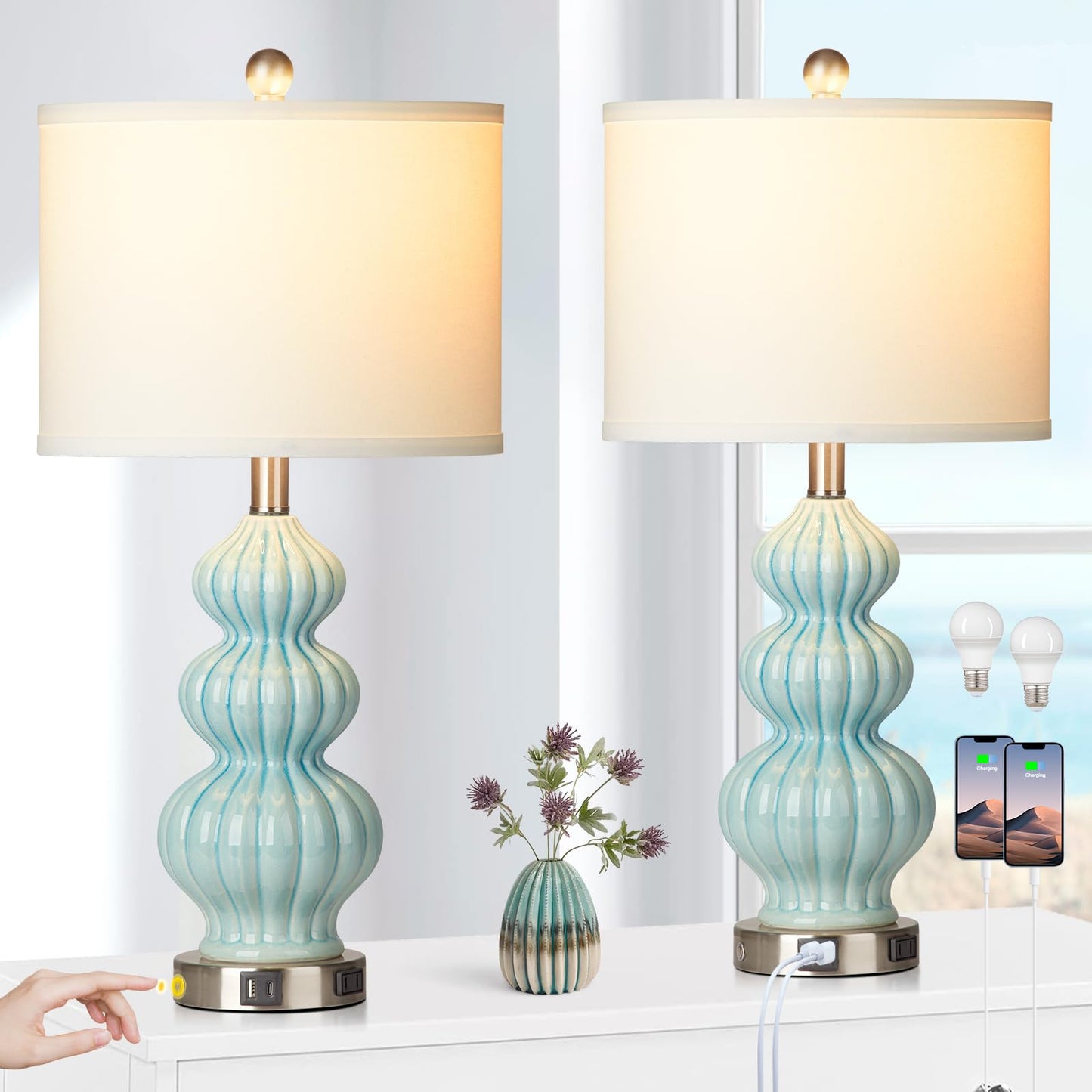 27" Glass Table Lamps Set of 2 with Nightlight, 3 Way Touch Control Modern Bedside Lamps with USB A+C Ports & AC Outlet, Boho Yellow Nightstand Lamps for Bedroom Living Room