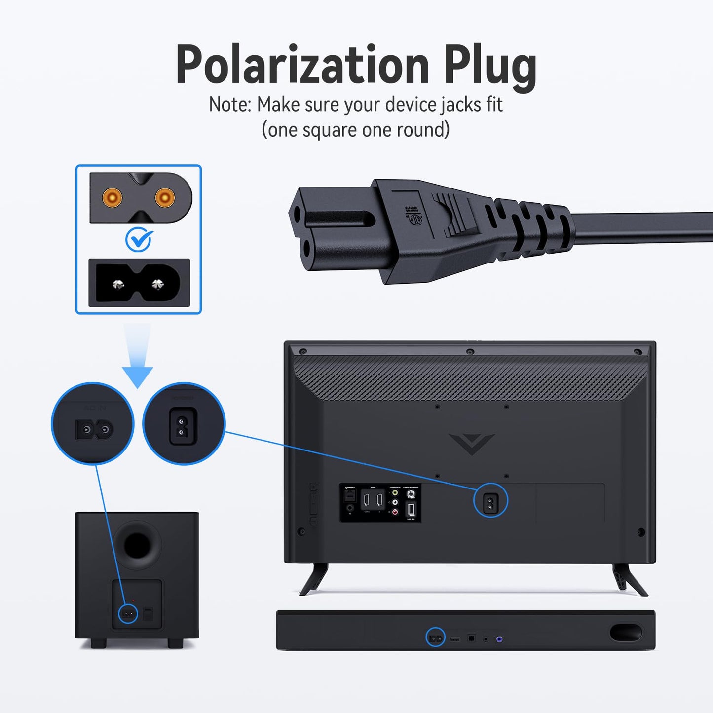 AC Power Cord for Vizio D/E/M Series TV & Soundbar, Replacement 2 Prong Polarized Cable 6 Feet