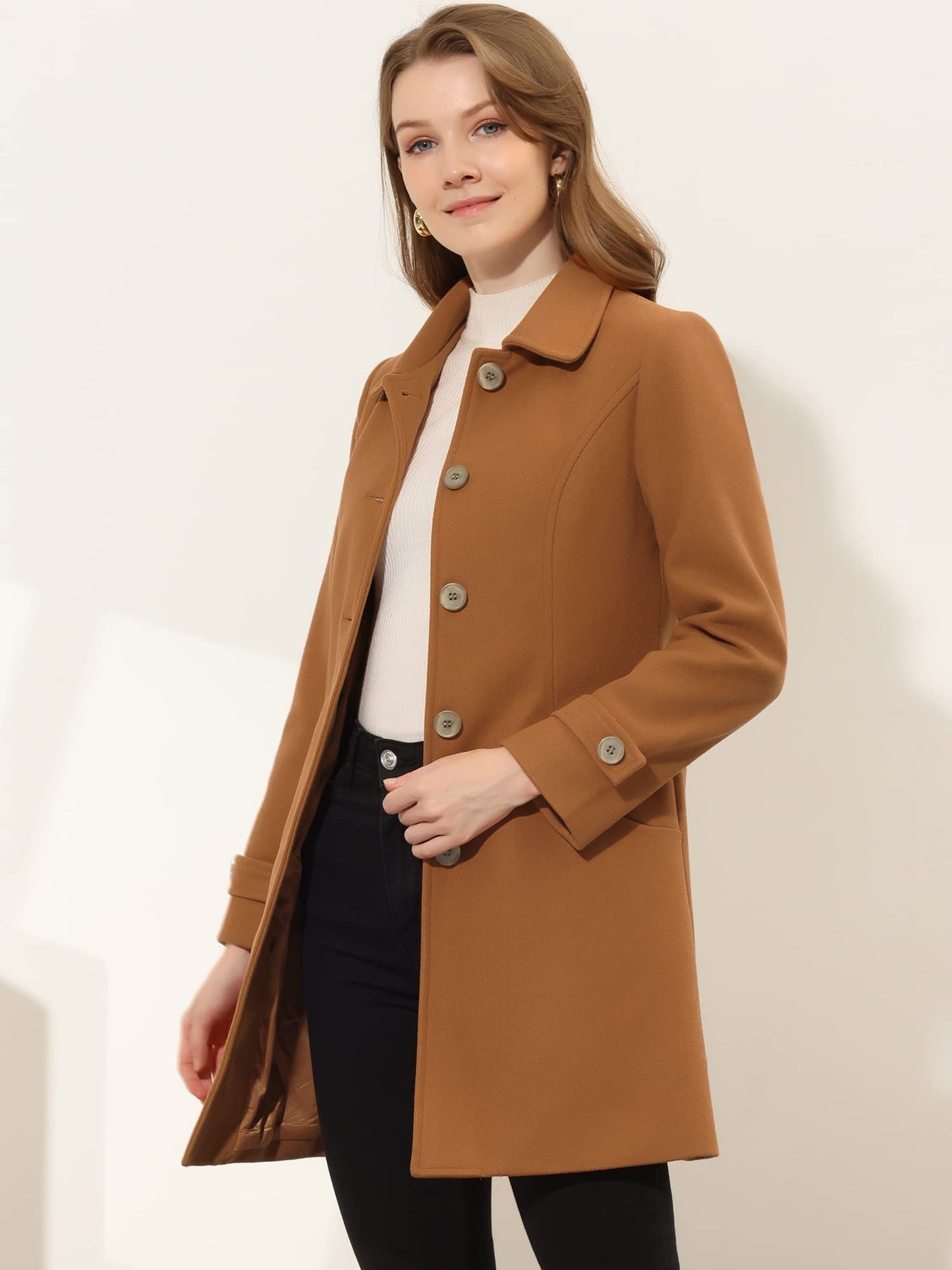 Allegra K Damen Winter Oberbekleidung Mantel Peter Pan Kragen Mitte Oberschenkel A-Linie Einreihig Pea Coat