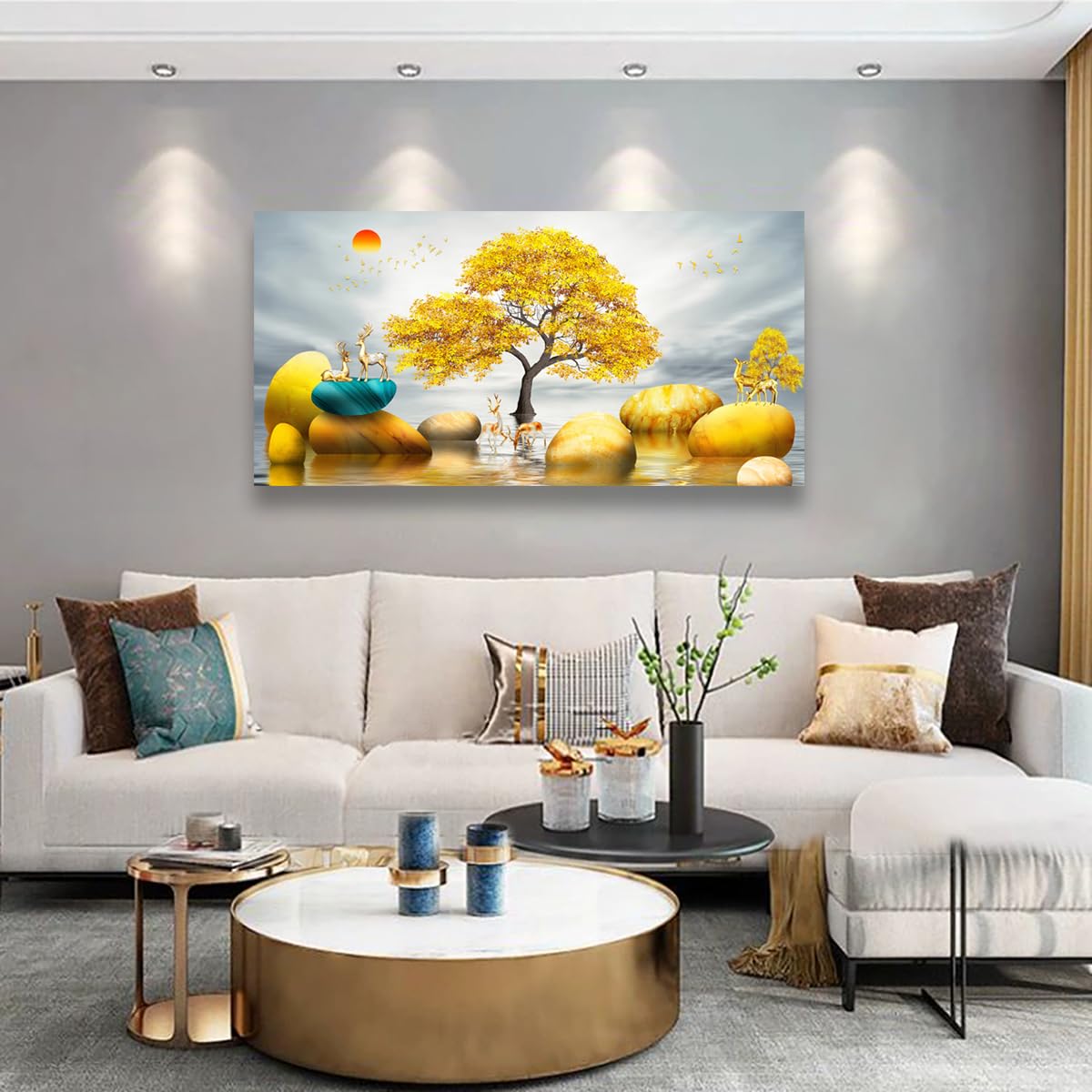 Golden Lotus Pictures Canvas Wall Art for Living room Office Bedroom Wall Decor,Flowers Wall Art Print Paintings Modern Abstract Oil Painting Artwork Waterproof Ready to Hang-20x40inch