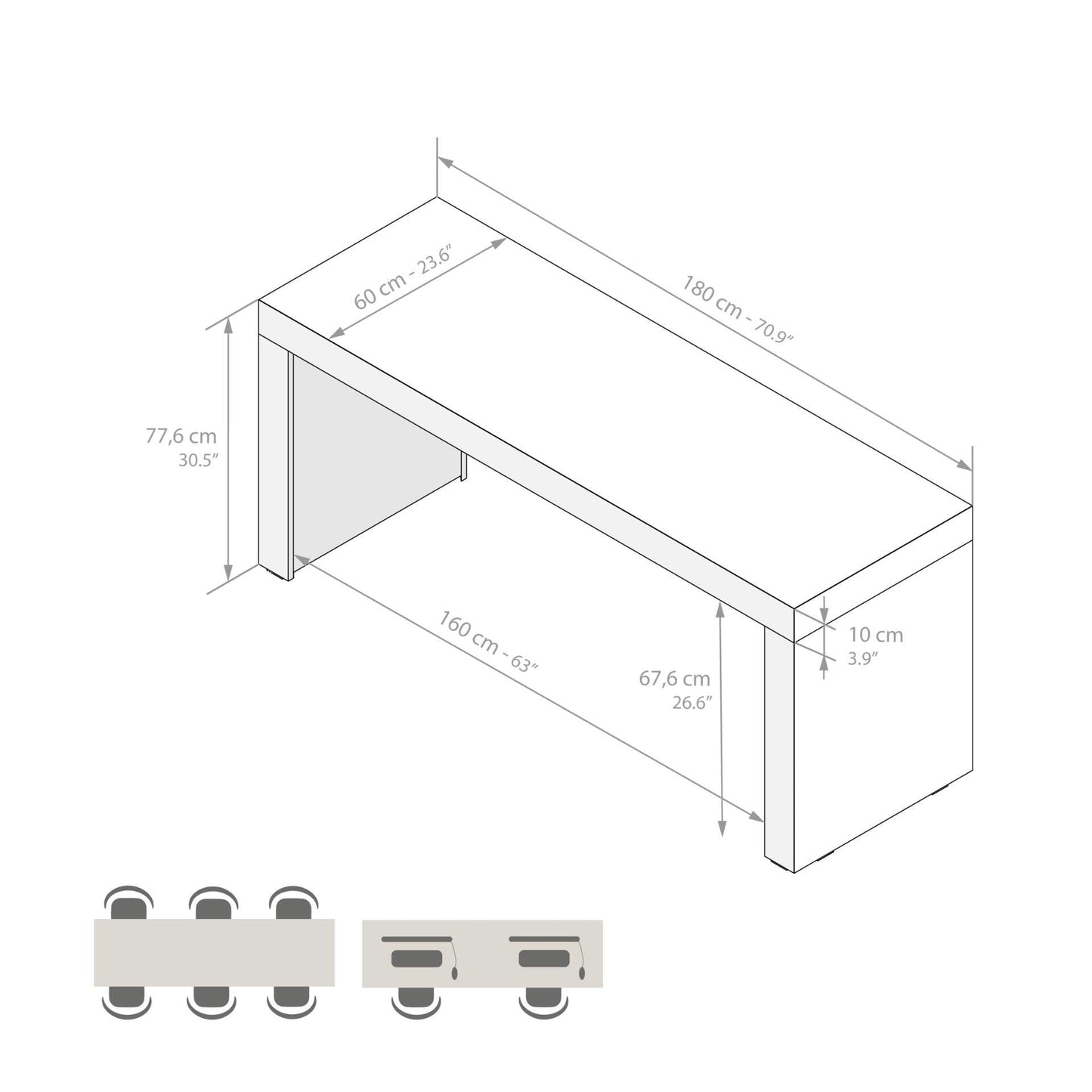 Mobili Fiver, Bureau Evolution 70,9 x 23,6 po, Frêne noir avec un pied, finition stratifiée, bureau moderne, bureau d'écriture et d'étude pour chambre à coucher, bureau, meubles italiens 