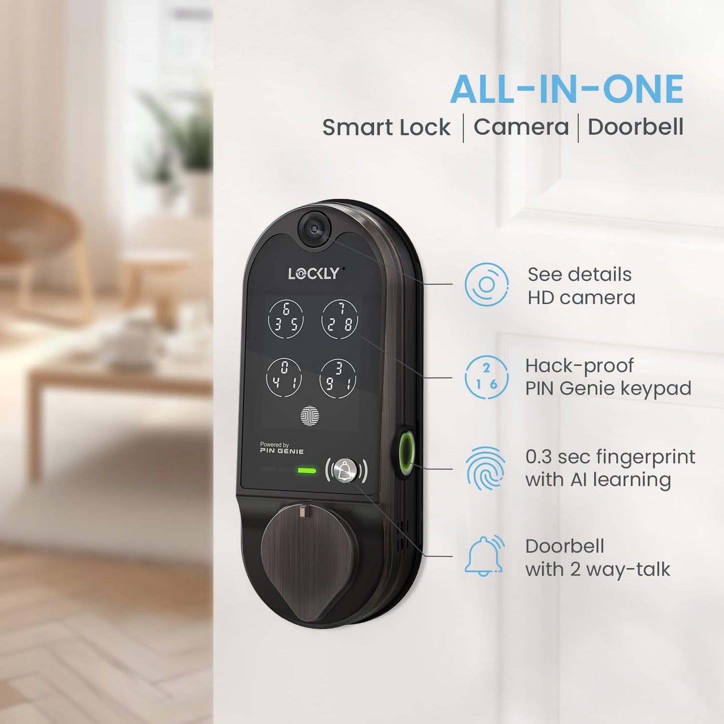 Lockly Vision Smart Lock, HD-Video-Türklingel, Smart-Schlösser für die Haustür, Türschloss mit Fingerabdruck, Touchscreen-Tastatur, App-Steuerung, keine monatliche Gebühr, automatische Sperre – Satin-Nickel 