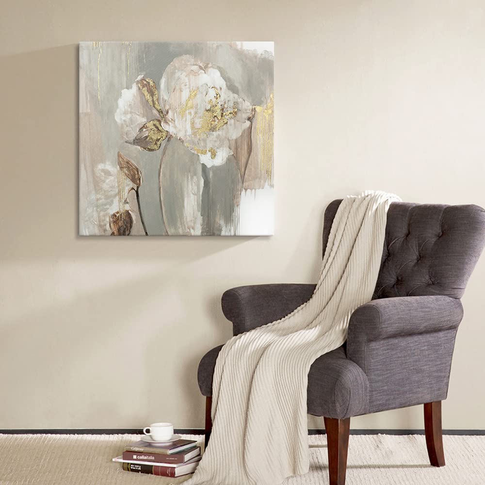 Goldfoilart Décoration murale florale moderne en fleurs blanches avec peintures en feuille d'or, œuvres d'art encadrées pour salon, chambre à coucher, cuisine, 61 x 61 cm x 2 pièces 