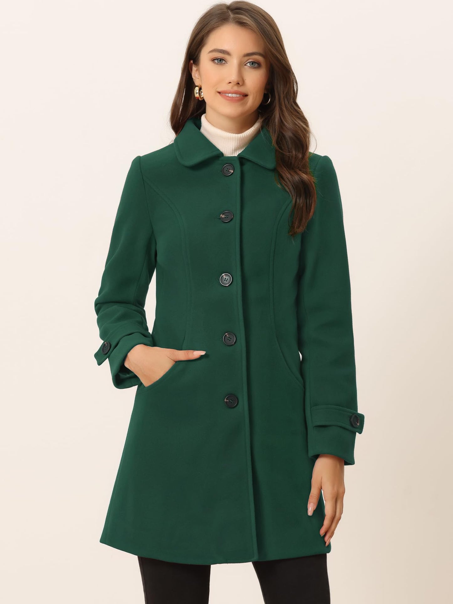 Allegra K Damen Winter Oberbekleidung Mantel Peter Pan Kragen Mitte Oberschenkel A-Linie Einreihig Pea Coat