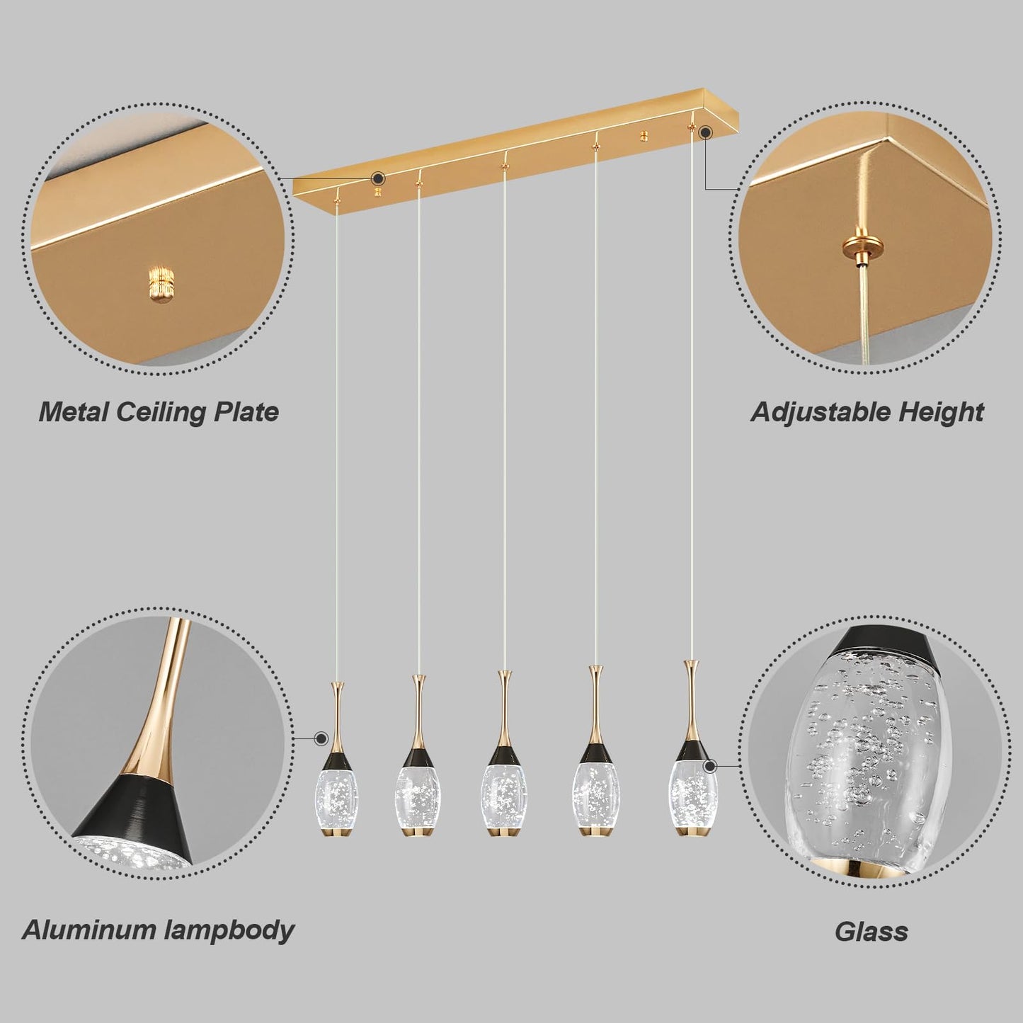 Modern Black Gold Pendant Light Dimmable LED Ceiling Light Fixtures Mini Teardrop Crystal Pendant Lighting for Kitchen Island Bedroom Hallway Entryway (3-Pack)