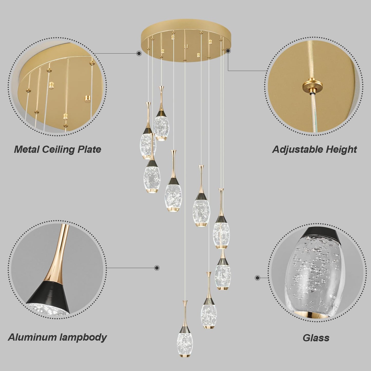 Moderne Pendelleuchte in Schwarzgold, dimmbare LED-Deckenleuchte, Mini-Pendelleuchte in Tropfenform aus Kristall für Kücheninsel, Schlafzimmer, Flur, Eingangsbereich (3er-Pack) 