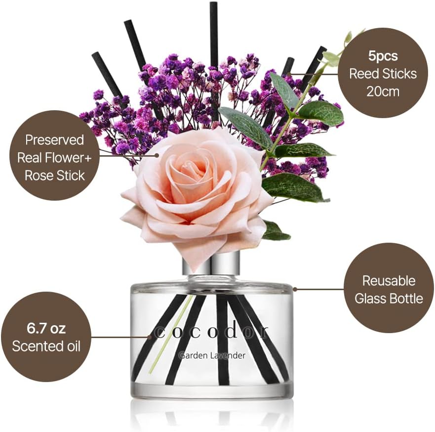COCODOR Flower Reed Diffuser Set / 6.7oz / White Jasmine/Scent Diffuser with Sticks Home Fragrance Reed Diffuser for Bathroom Shelf Decor