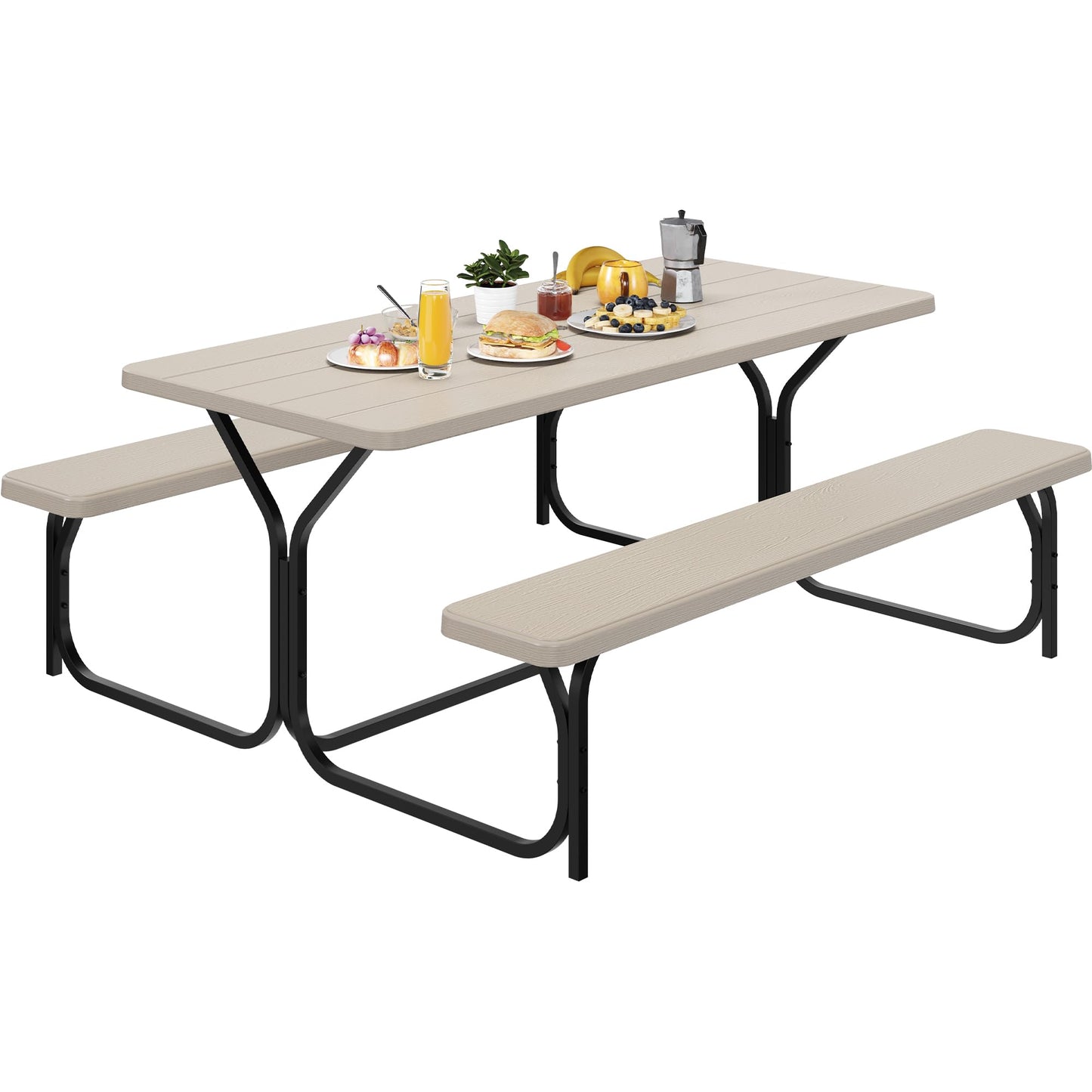 YITAHOME Table de pique-nique d'extérieur de 1,8 m avec plateau en bois, cadre en acier robuste et ouverture pour parapluie, table de pique-nique robuste idéale pour la cour, le patio, les rassemblements sur la pelouse, marron clair 