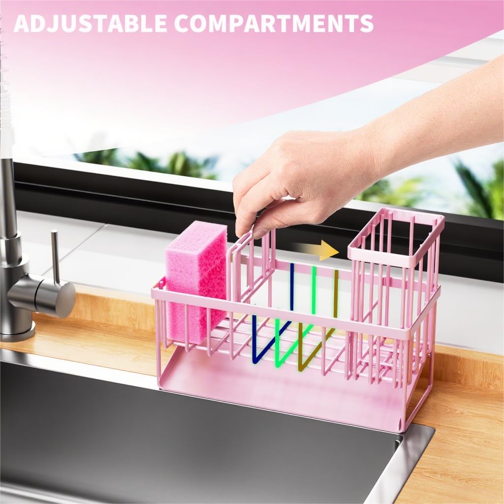 Kitchen Sink Caddy Organzier with High Brush Holder, Sponge Holder for Sink, 304 Rustproof Stainless, Kitchen Countertop Soap Dispenser Organizer, Kitchen Decor and Accessories