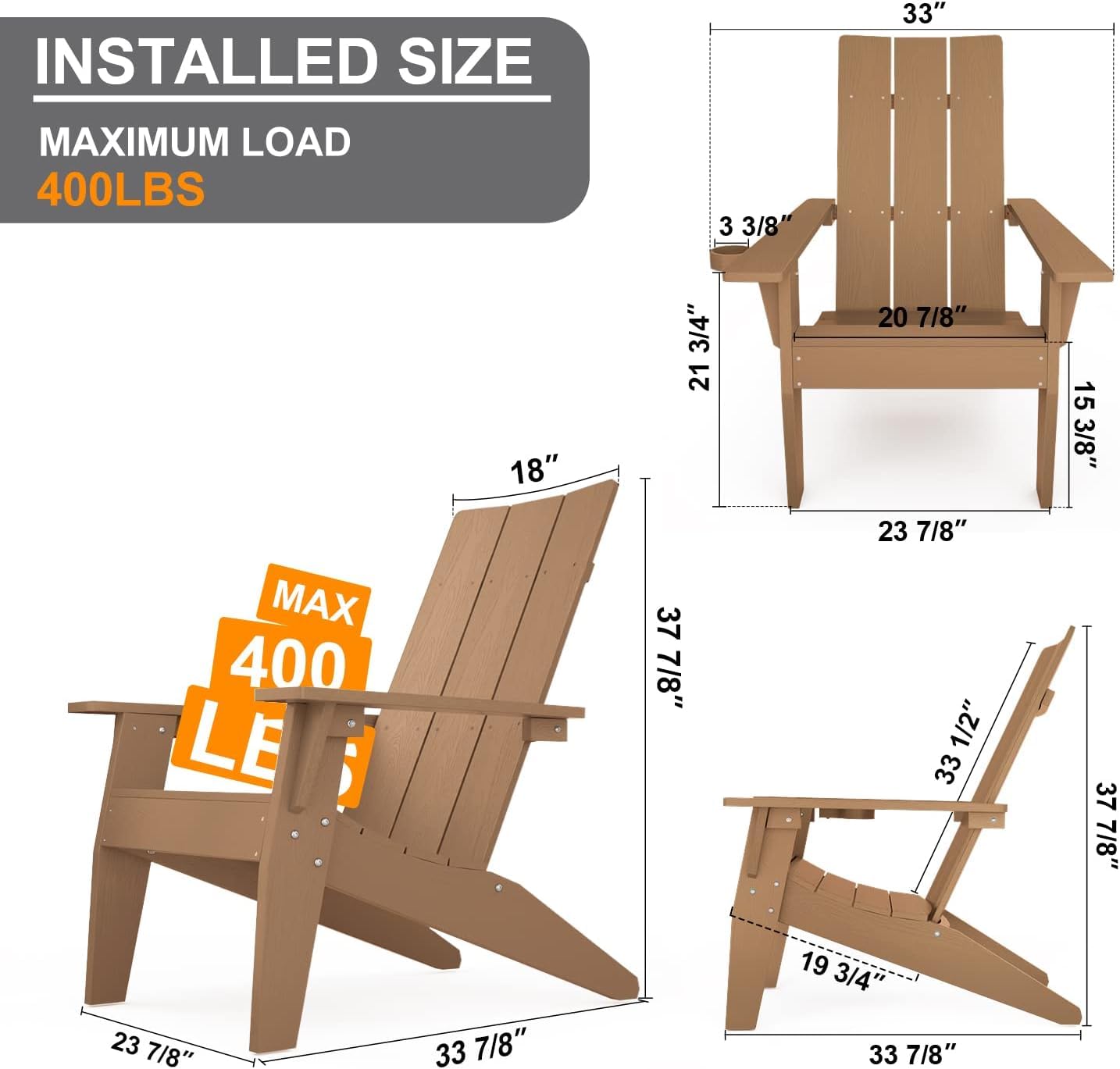 MXIMU Moderne Adirondack-Stühle, 4er-Set, wetterbeständig, mit Getränkehalter, übergroße Feuerstellenstühle aus Kunststoff, Kunststoff-Außenstühle für den Sitzbereich an der Feuerstelle (schwarz) 