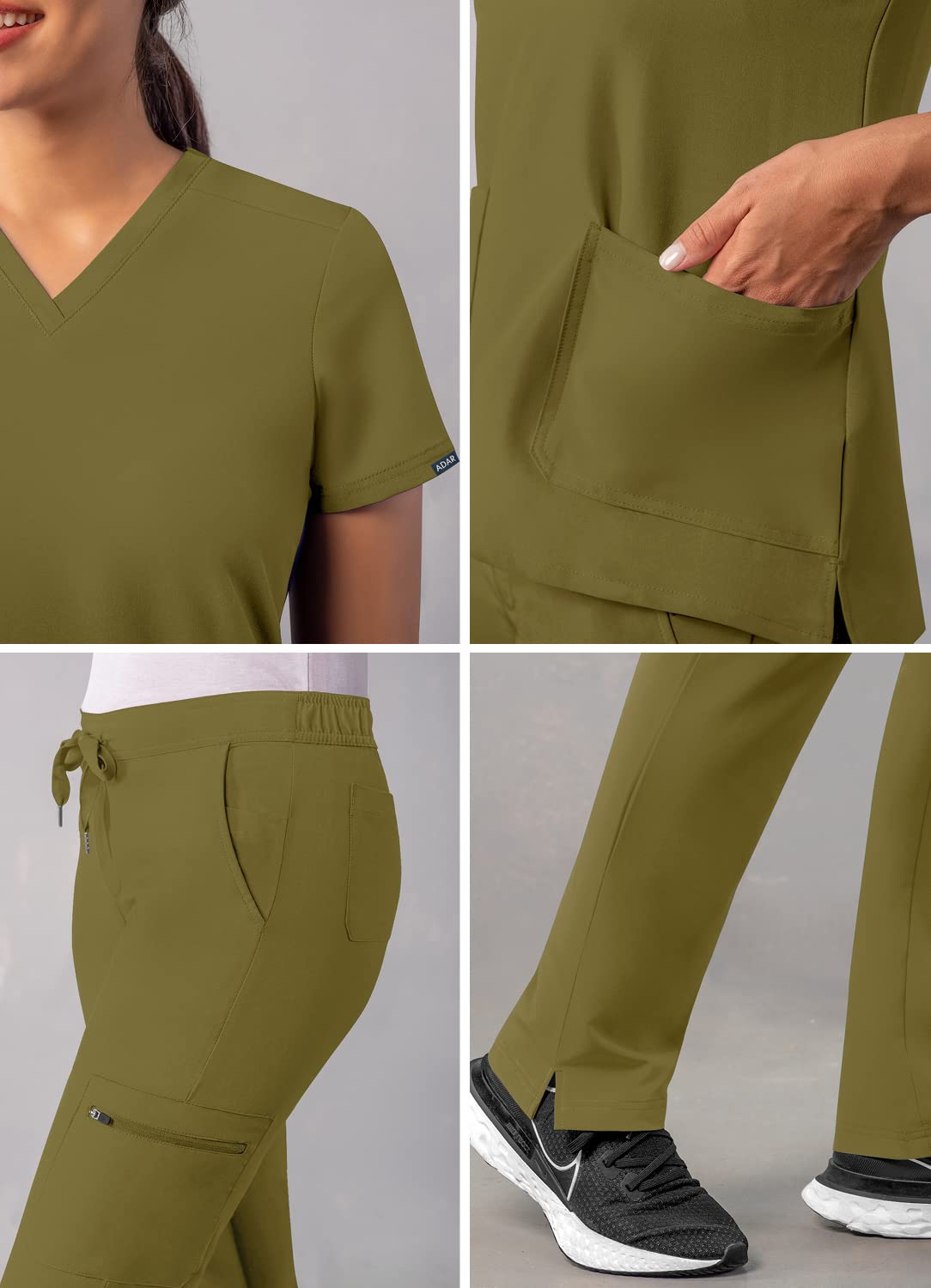 Adar Addition Go-Basic Scrub Set for Women - Slim V-Neck Scrub Top & Skinny Cargo Scrub Pants