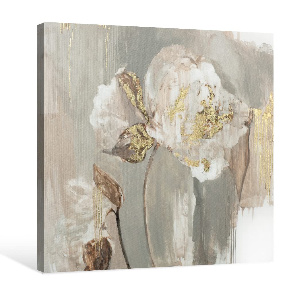 Goldfoilart Décoration murale florale moderne en fleurs blanches avec peintures en feuille d'or, œuvres d'art encadrées pour salon, chambre à coucher, cuisine, 61 x 61 cm x 2 pièces 