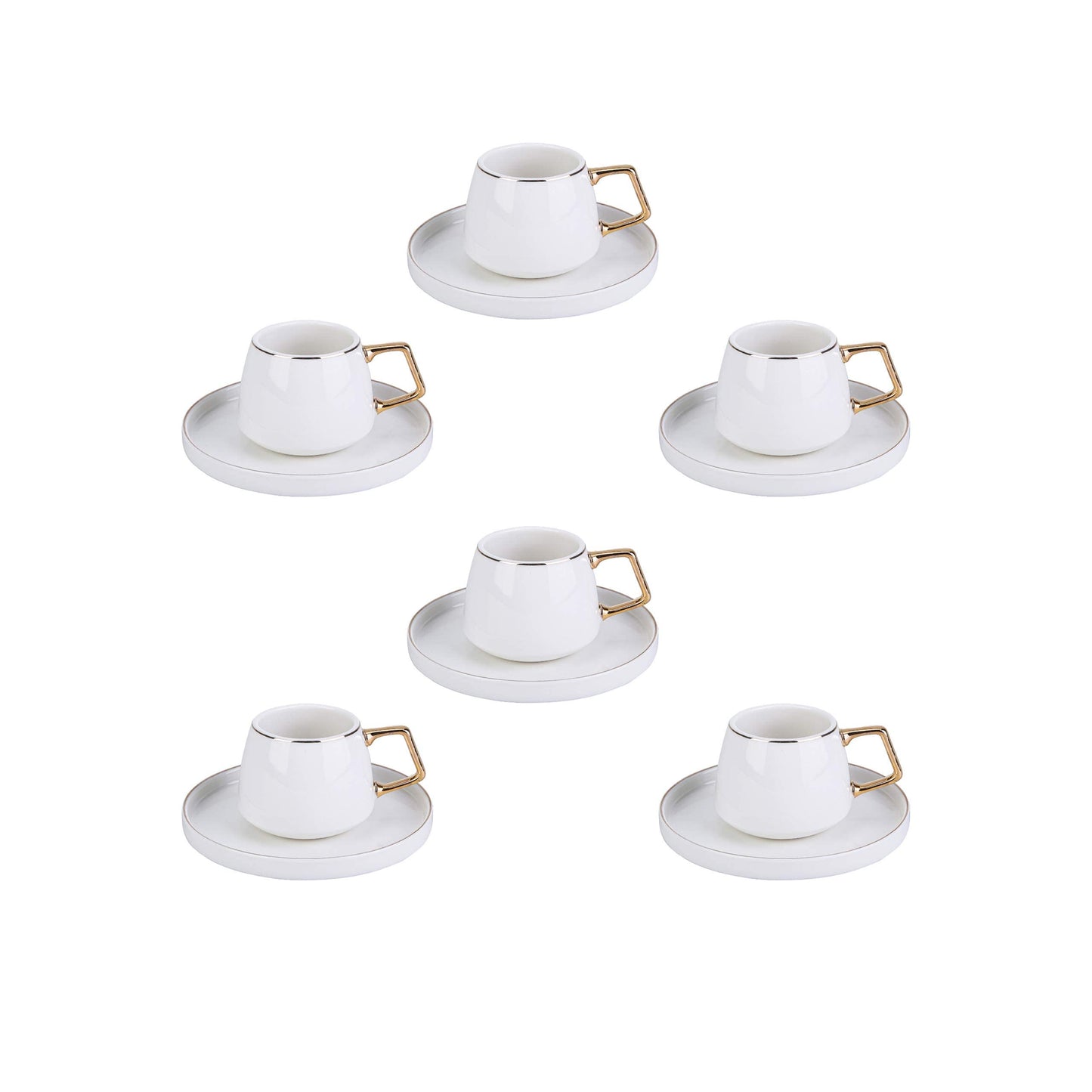 Lot de 6 tasses à café turques KARACA Globe, 80 ml, 2,7 oz, petites tasses à expresso avec soucoupes, porcelaine, motifs noirs et poignées dorées, idéales pour servir du café, de l'espresso et du cappuccino 