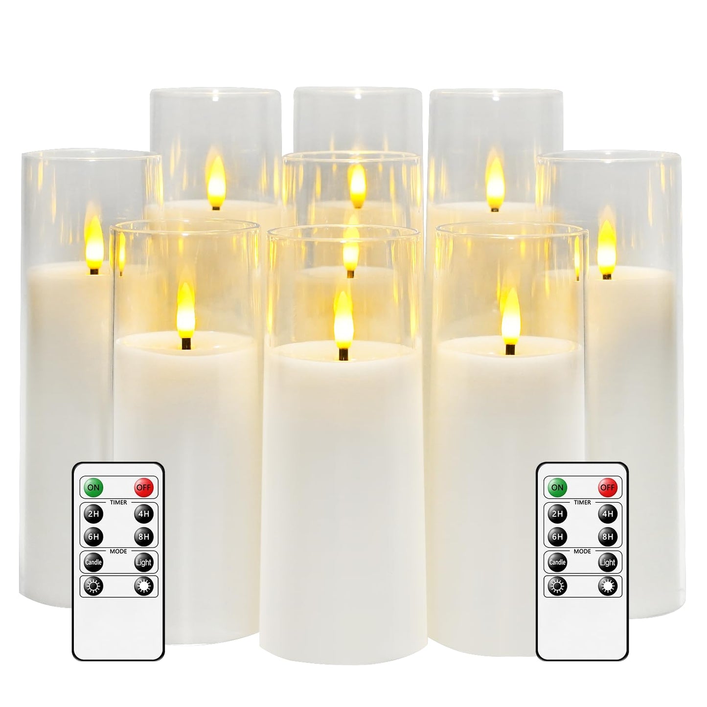 Flackernde, flammenlose Kerzen, batteriebetrieben, mit Fernbedienung und 2/4/6/8-Stunden-Timer, Plexiglas-LED-Stumpenkerzen, 9er-Pack (T 2,3 x H 5,6 x 7,8 cm), mit realistisch beweglichen Dochtkerzen für die Heimdekoration (weiß) 