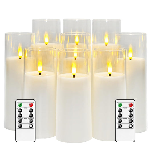 Lot de 9 bougies sans flamme vacillantes à piles avec télécommande et minuterie 2/4/6/8 h en plexiglas (D5,8 cm x H 12,7 cm 15,2 cm 17,8 cm) avec bougies à mèche mobile réalistes pour la décoration intérieure (blanc) 