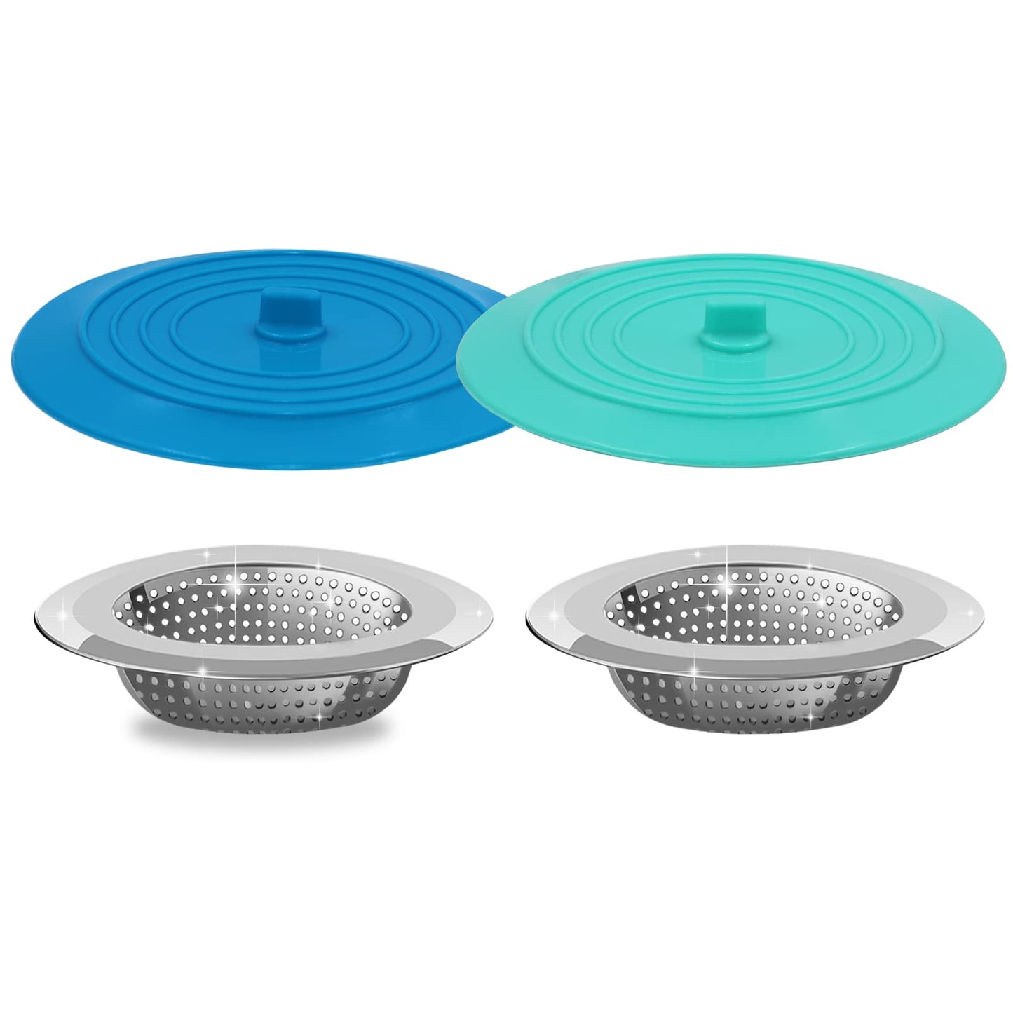 V-TOP Sink Strainer Stopper 4 Pack, Universal Silicone Kitchen Sink Drain Strainer Cover Plug Stopper Kit, 4.5 Inch Stainless Steel Sink Filter Strainer, Food Catcher for Kitchen Sink