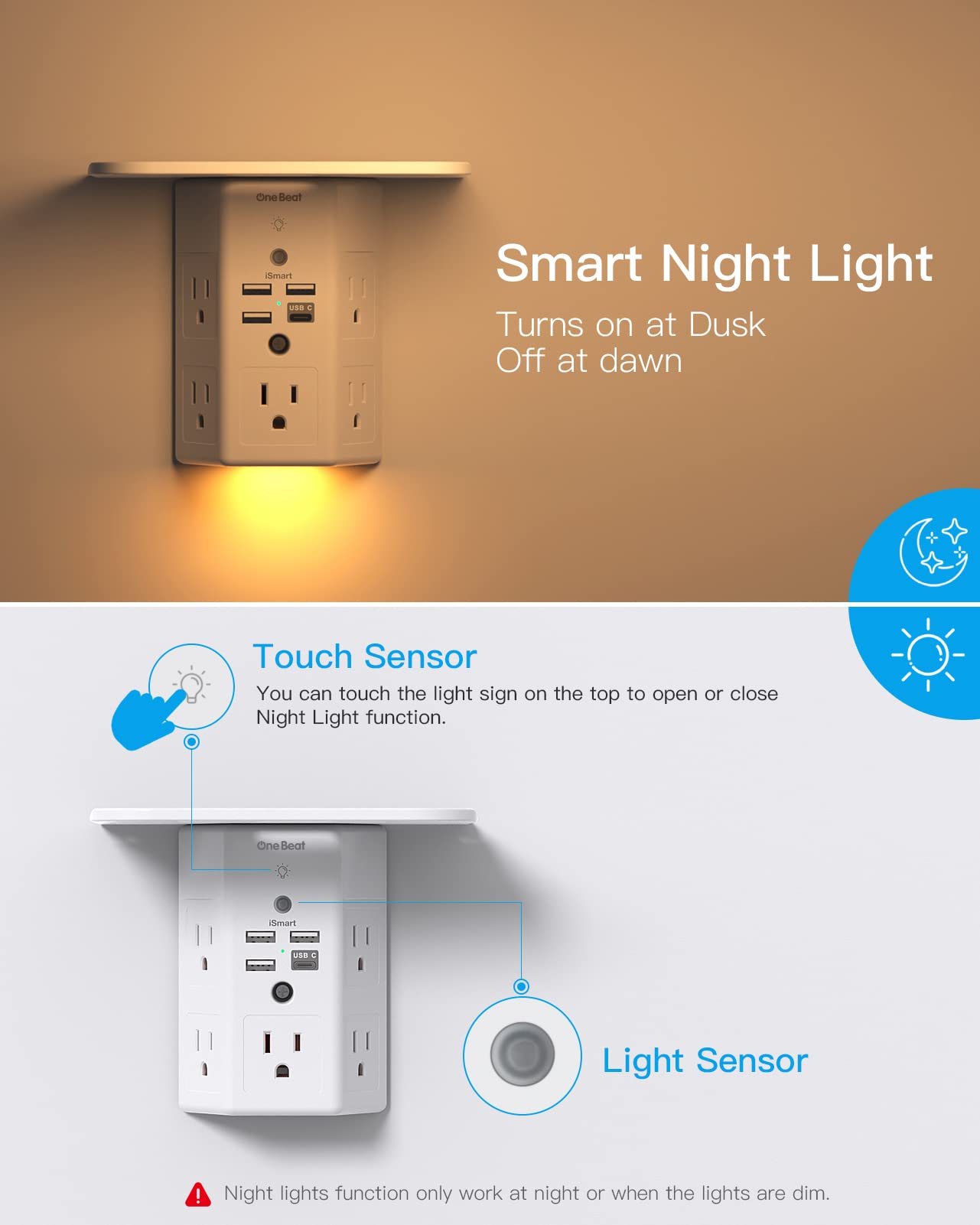 Multi Plug Outlets, Wall Outlet Extender with Night Light and Outlet Shelf, Surge Protector 4 USB Ports(2 USB C), USB Wall Charger Power Strip Electric Outlet Splitter for Home Office