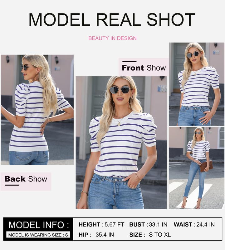 Dokotoo Women's Short Puff Sleeve Knit Tops 2025 Trendy Crewneck Striped T Shirts Casual Summer Blouses