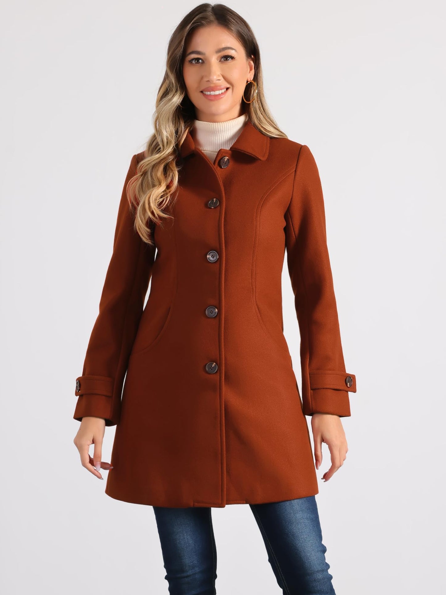 Allegra K Damen Winter Oberbekleidung Mantel Peter Pan Kragen Mitte Oberschenkel A-Linie Einreihig Pea Coat