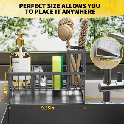 Kitchen Sink Caddy Organzier with High Brush Holder, Sponge Holder for Sink, 304 Rustproof Stainless, Kitchen Countertop Soap Dispenser Organizer, Kitchen Decor and Accessories