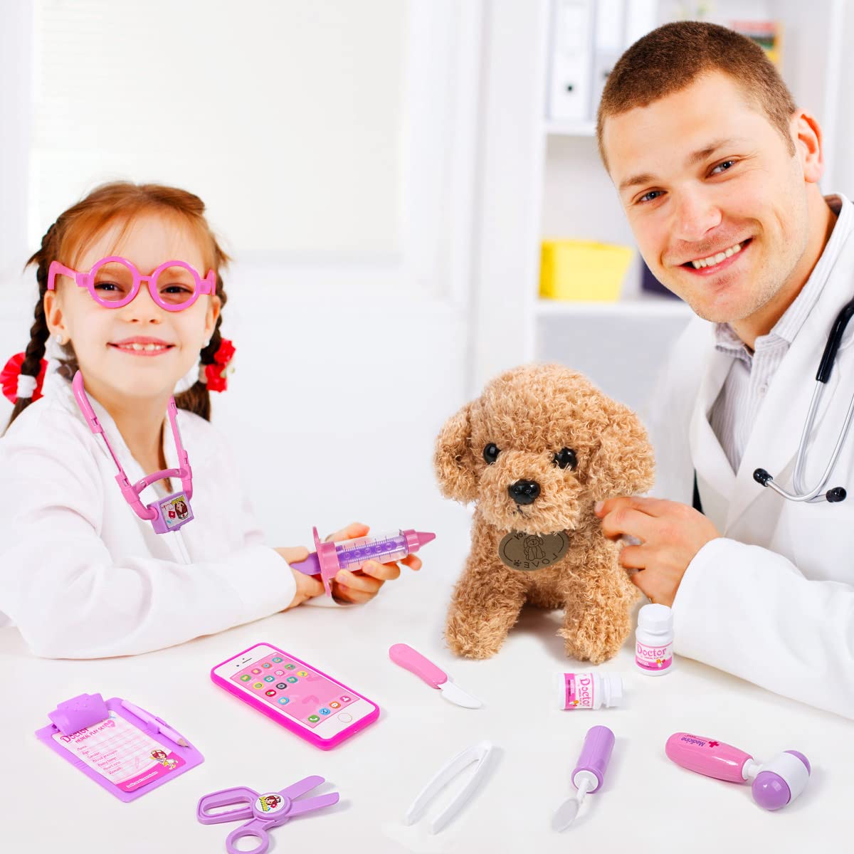 Kit de docteur jouet Meland pour filles - Ensemble de jeu de docteur avec jouet pour chien, sac de transport, jouet stéthoscope et costume de déguisement - Cadeau de jeu de docteur pour enfants de 3, 4, 5, 6 ans pour jeu de rôle 