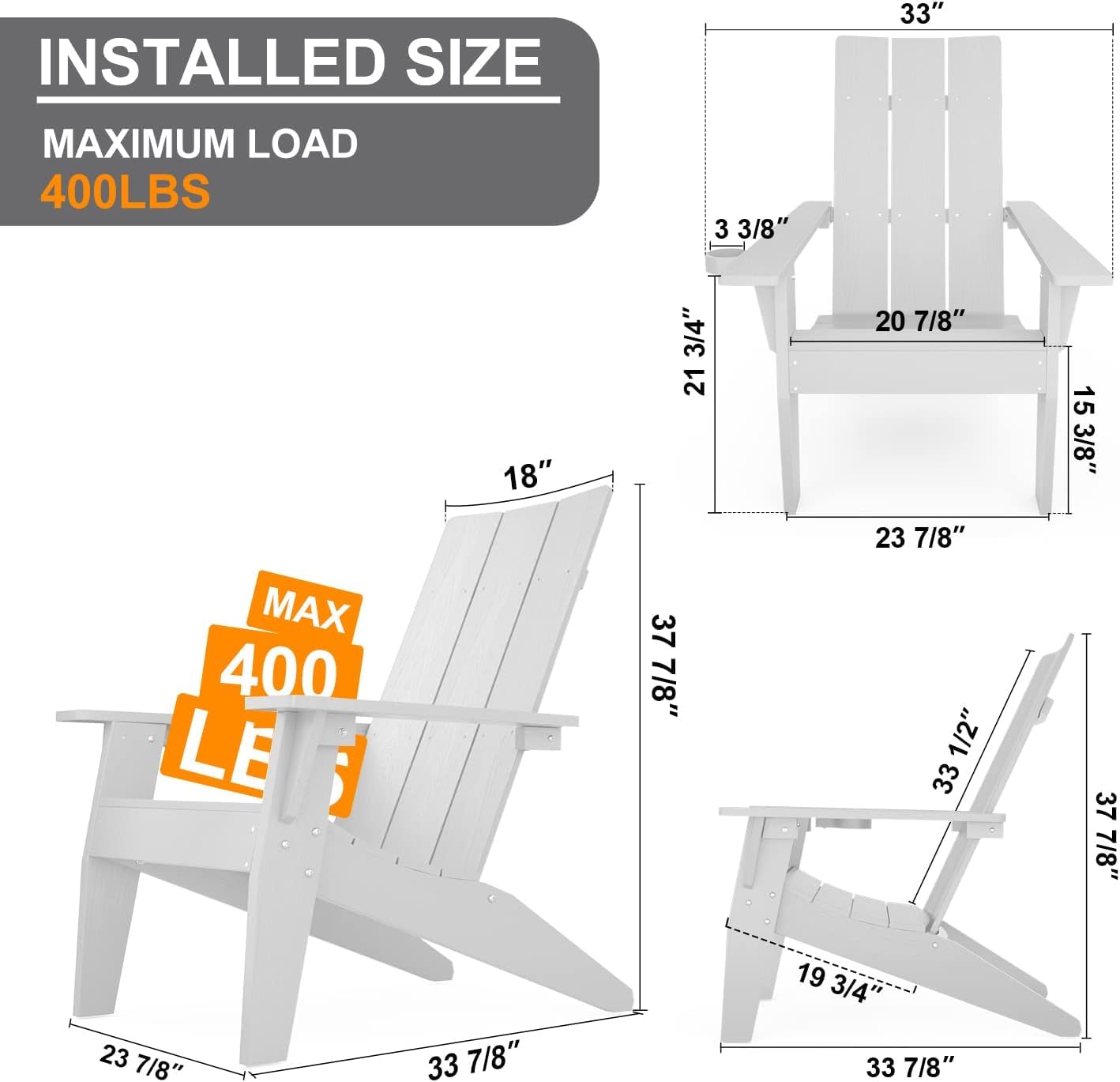 Lot de 4 chaises Adirondack modernes MXIMU résistantes aux intempéries avec porte-gobelet Chaises de foyer en plastique surdimensionnées Chaises d'extérieur en plastique pour sièges de zone de foyer (noir) 