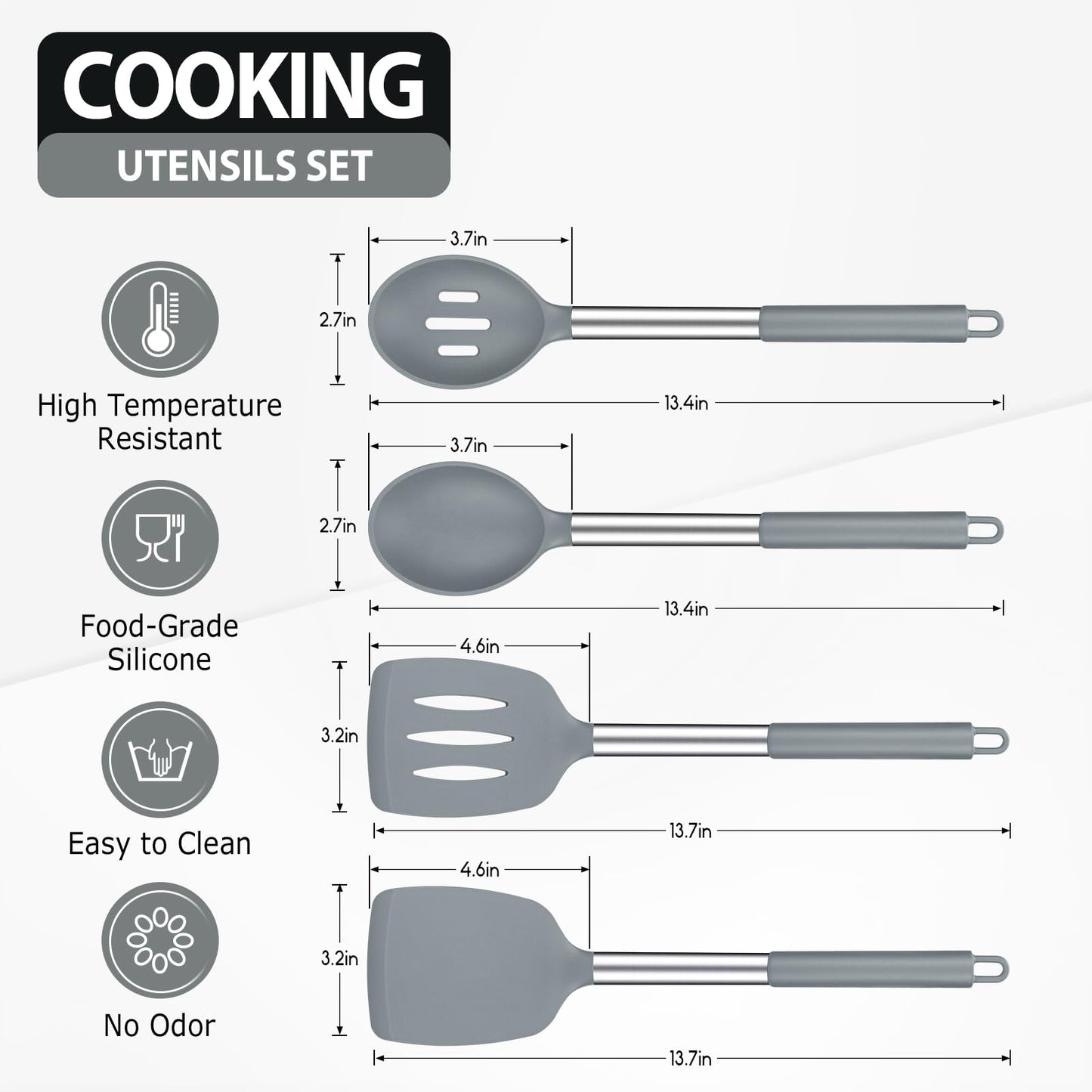 4er-Pack große Kochspatel und -löffel aus Silikon, Kochutensilien-Set mit Schlitzen und aus massivem Edelstahl, antihaftbeschichtete, hitzebeständige Küche zum Backen, Frittieren, Pfannenrühren, Mischen, Servieren (grau) 