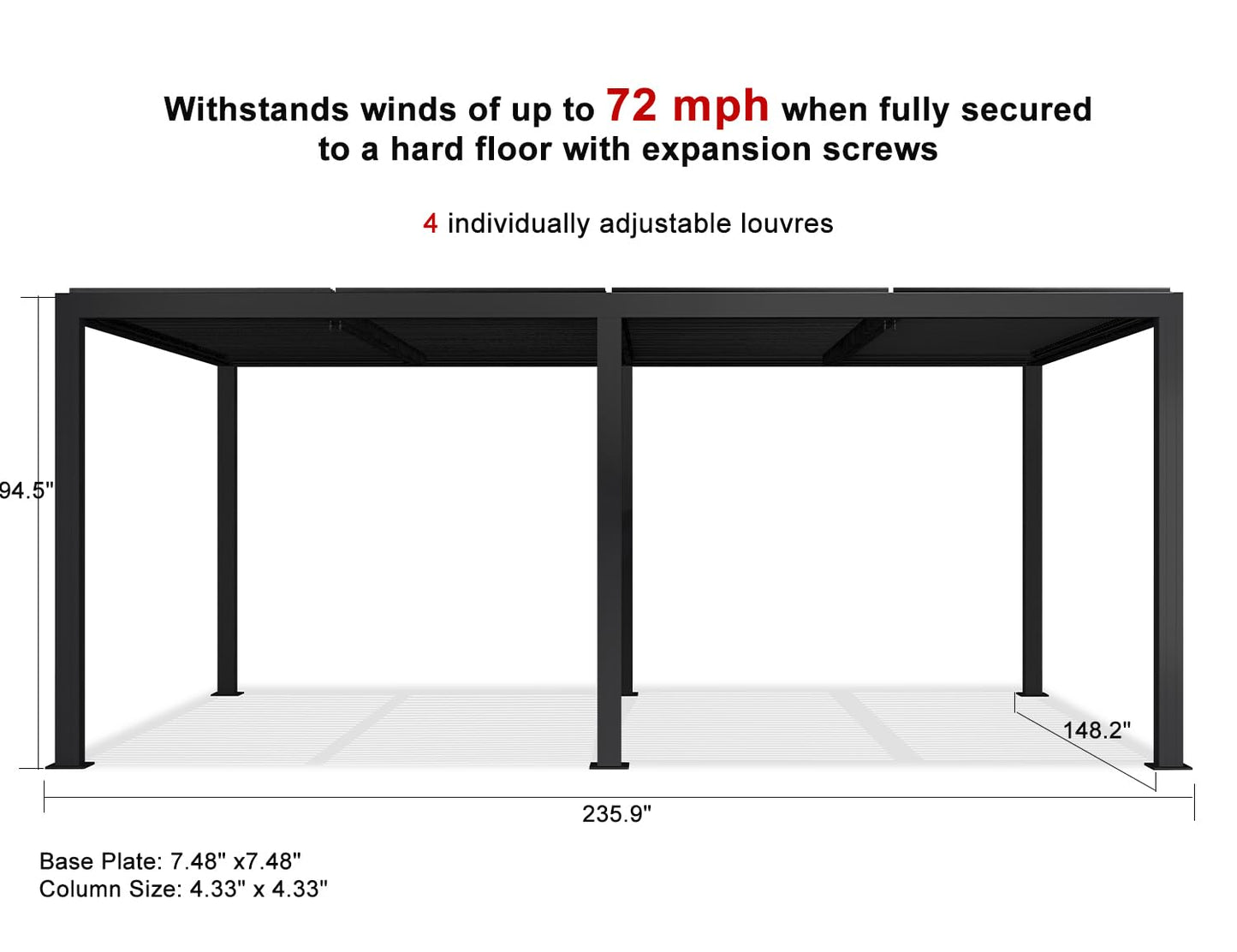 PURPLE LEAF Louvered Pergola 94AS 11' x 14' Outdoor Aluminum Pergola with Shade Screen Adjustable Roof for Deck Backyard Grey Hardtop Gazebo, 1 Long Side and 2 Short Sides