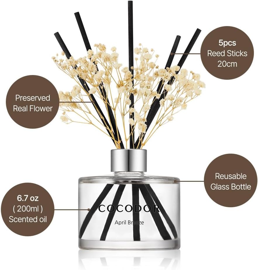 COCODOR Flower Reed Diffuser Set / 6.7oz / White Jasmine/Scent Diffuser with Sticks Home Fragrance Reed Diffuser for Bathroom Shelf Decor