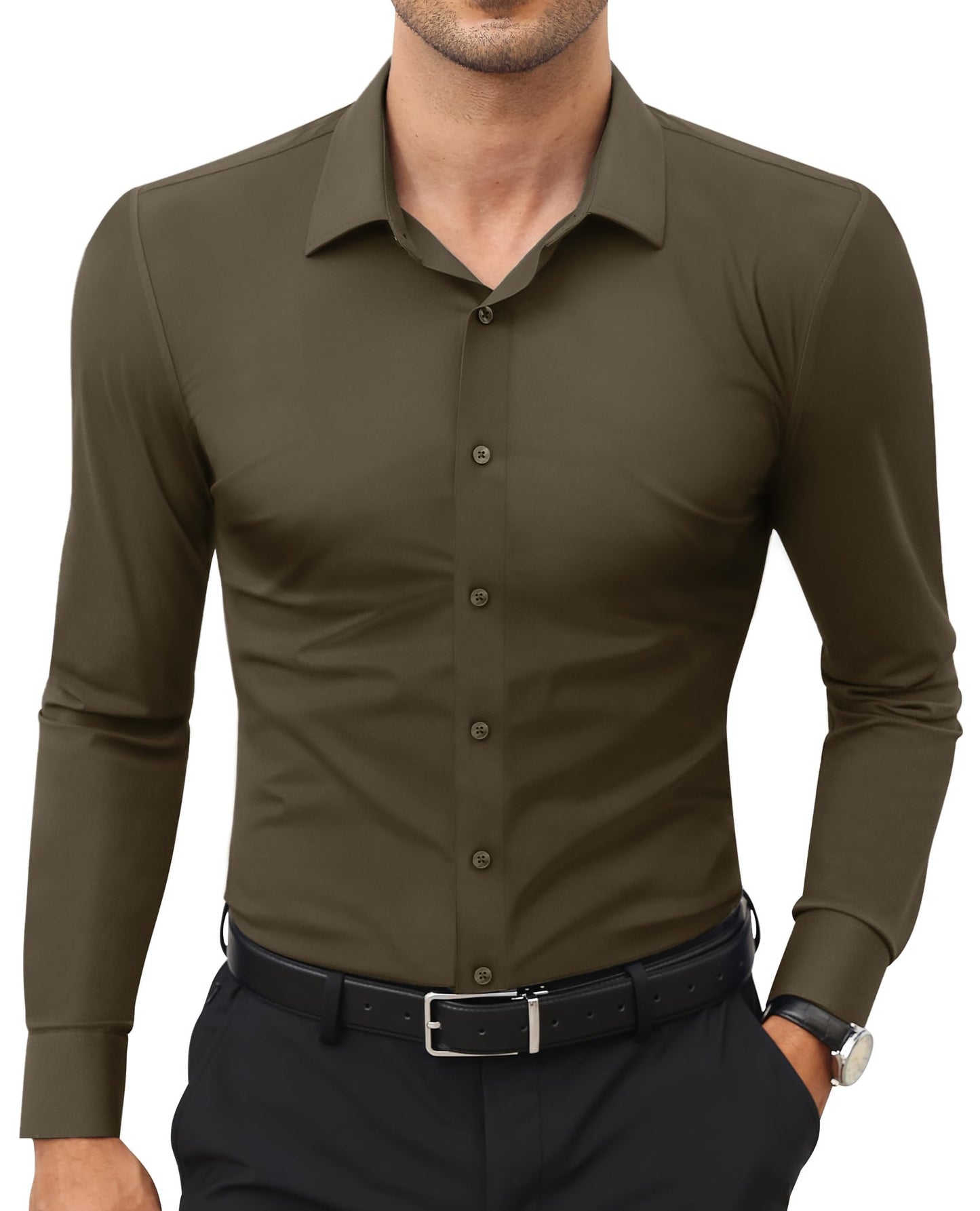 Stretch Mens Dress Shirts Long Sleeve Slim Fit Dress Shirts for Men Muscle Fit Wrinkle Free Button Down Shirt