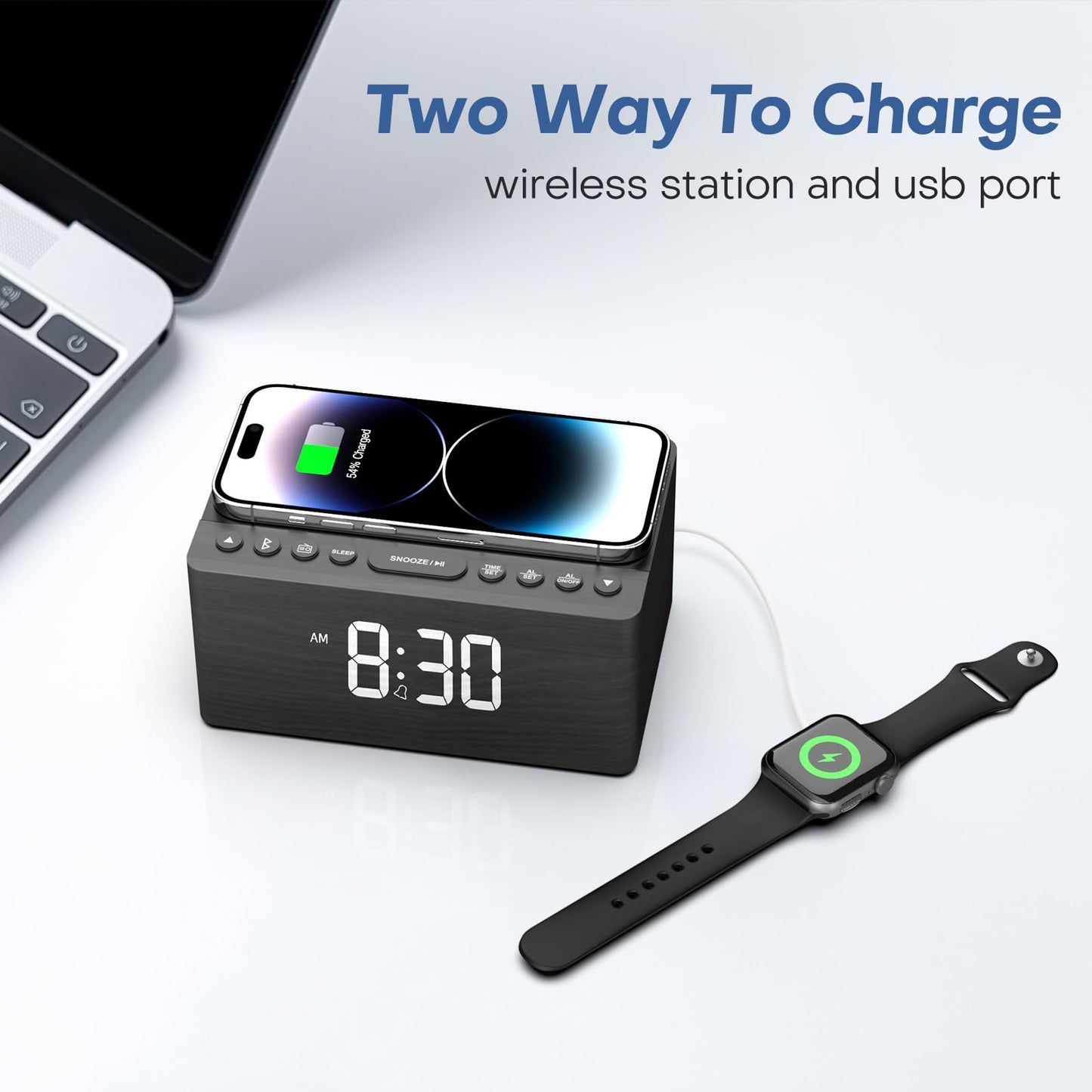 Digital Alarm Clock with FM Radio & Wireless Charging – Qi-Certified, LED Display, USB Port, Sleep Timer