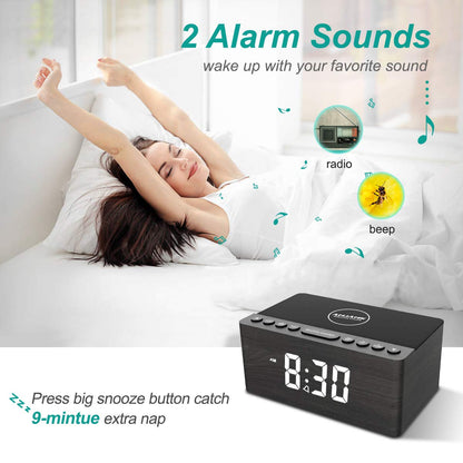 Digital Alarm Clock with FM Radio & Wireless Charging – Qi-Certified, LED Display, USB Port, Sleep Timer