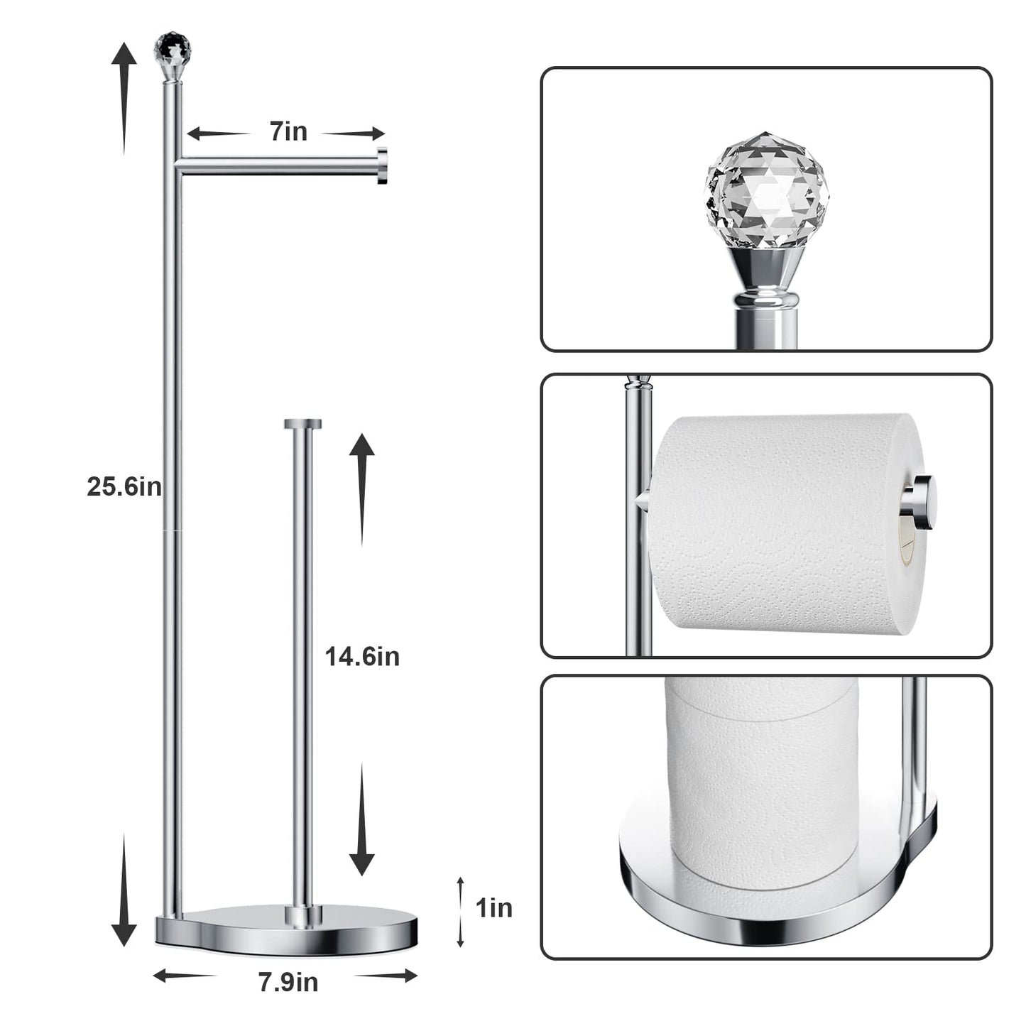Weighted Freestanding Toilet Paper Holder – Metal Bathroom Stand with Crystal Accent