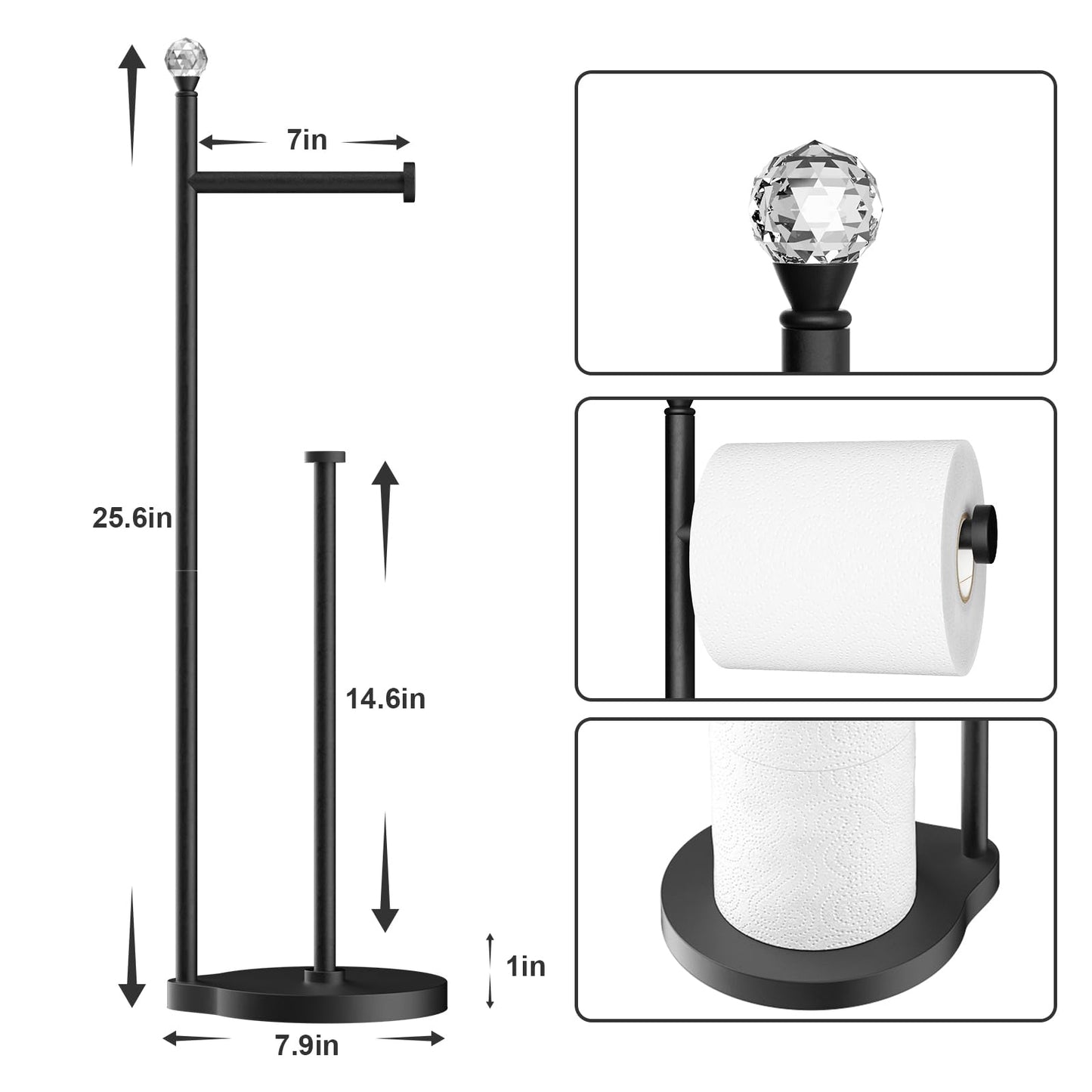 Weighted Freestanding Toilet Paper Holder – Metal Bathroom Stand with Crystal Accent