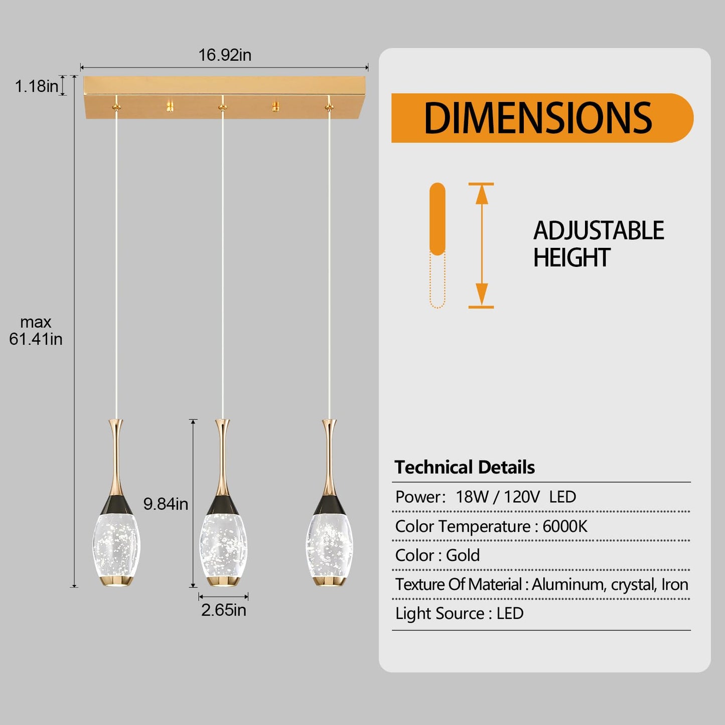 Plafonnier LED moderne à intensité variable en forme de larme, mini luminaire suspendu en cristal pour îlot de cuisine, chambre à coucher, couloir, entrée (lot de 3) 