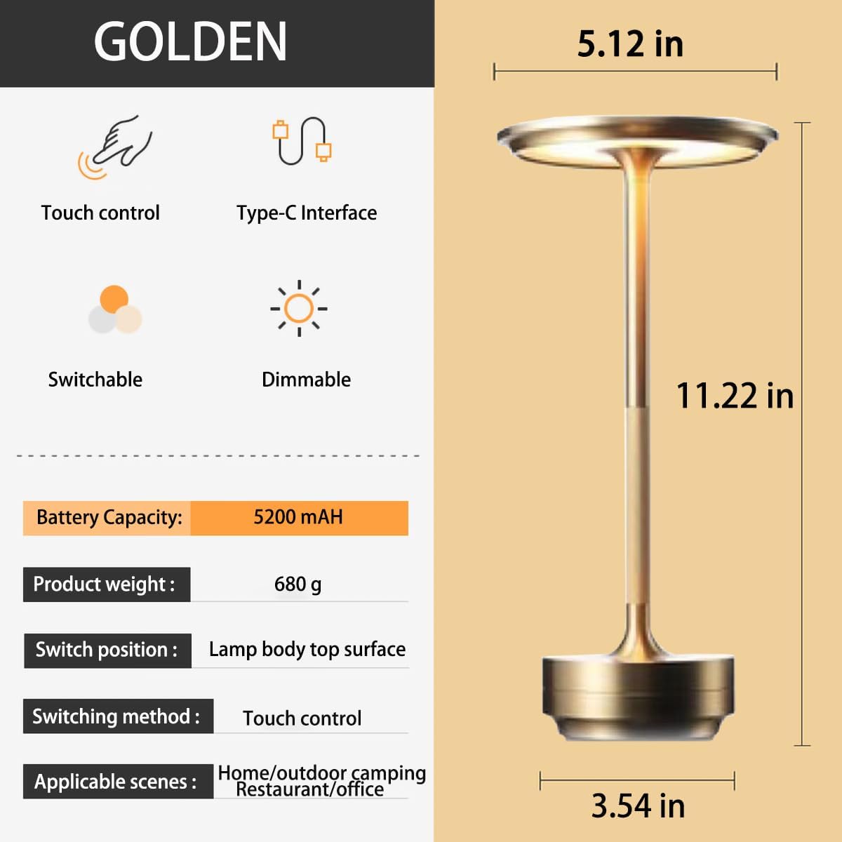 Cordless Table Lamp, Rechargeable Battery Operated Lamp, Modern 3 Modes Dimmable Touch Control Bedside Table Lamp, Portable Outdoor Table Lamp for Restaurant/Bedroom/Bars/Home Patio (Gold)