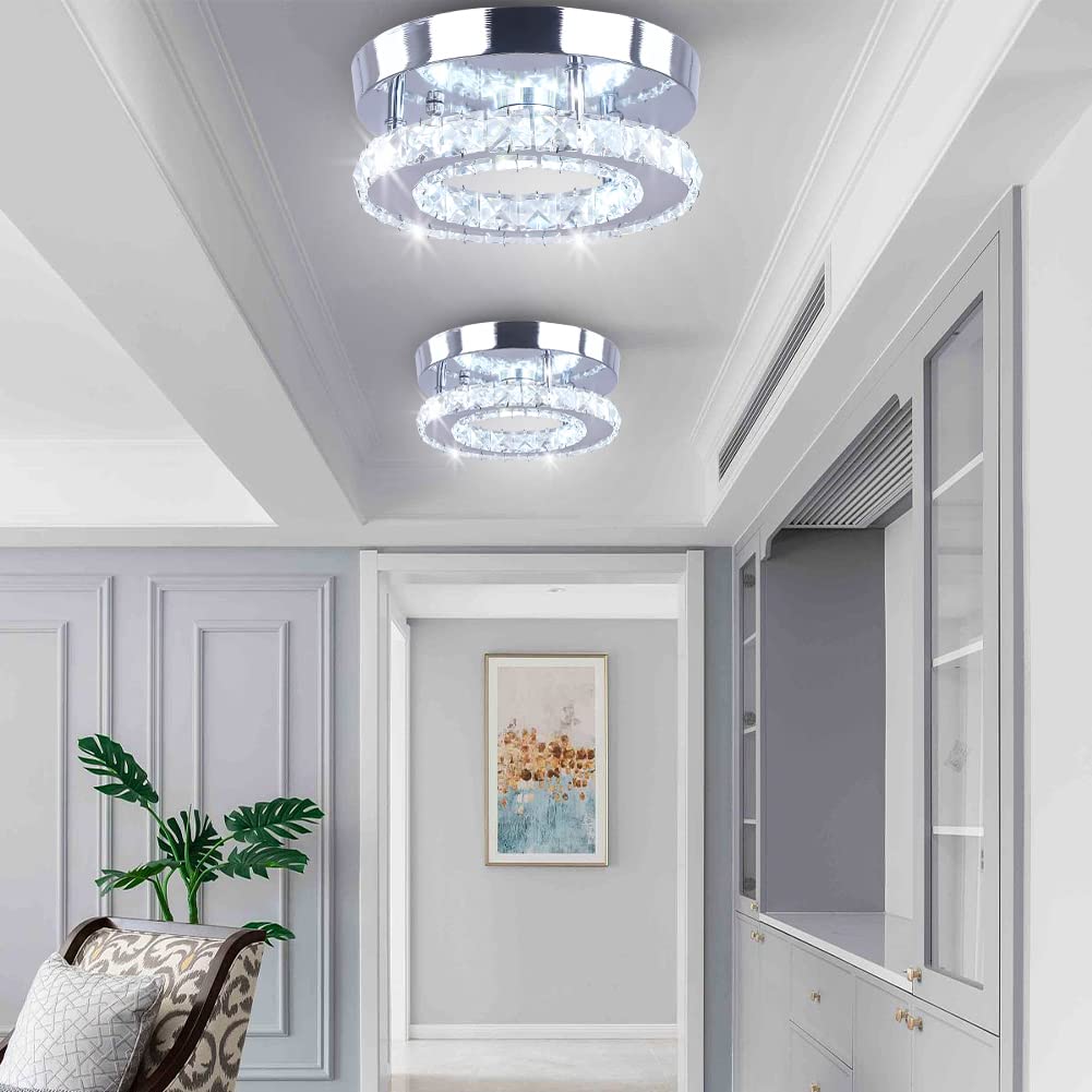 Dimmable Mini Crystal Chandeliers Modern Flush Mount Ceiling Light Fixture Round LED Crystal Chandelier Hallway Light Bedroom Bathroom Kitchen Office