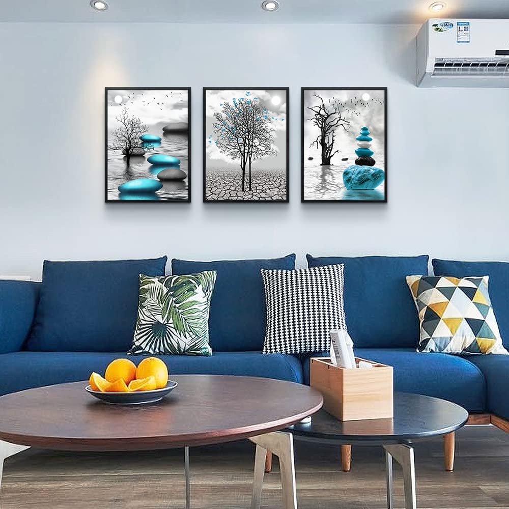 Canvas Wall Art for Living Room Wall Decor for Bedroom Bathroom Black and White Paintings Modern 3 Piece Framed Canvas Art Prints Ready to Hang Inspirational Abstract Blue Pictures Home Decorations