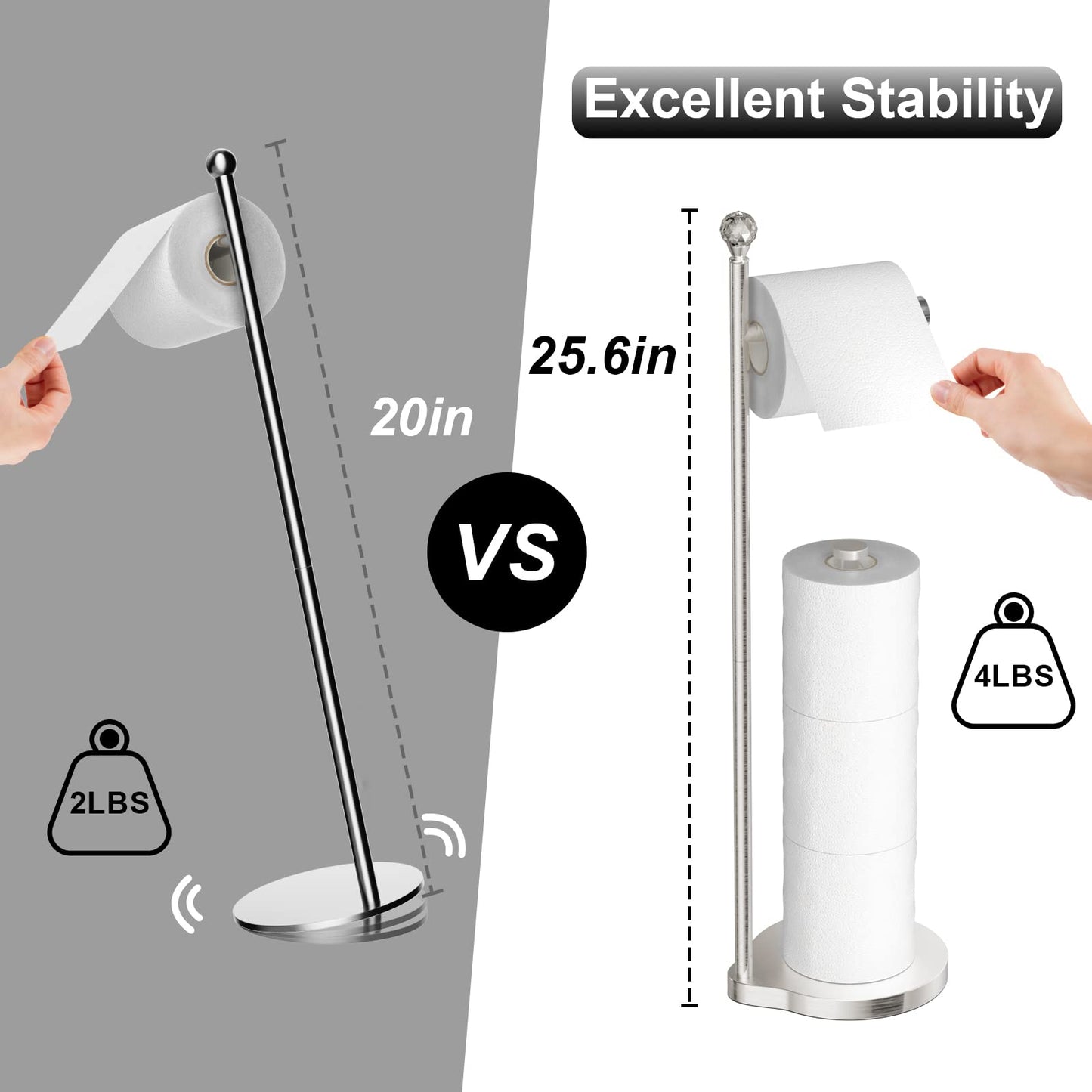 Weighted Freestanding Toilet Paper Holder – Metal Bathroom Stand with Crystal Accent