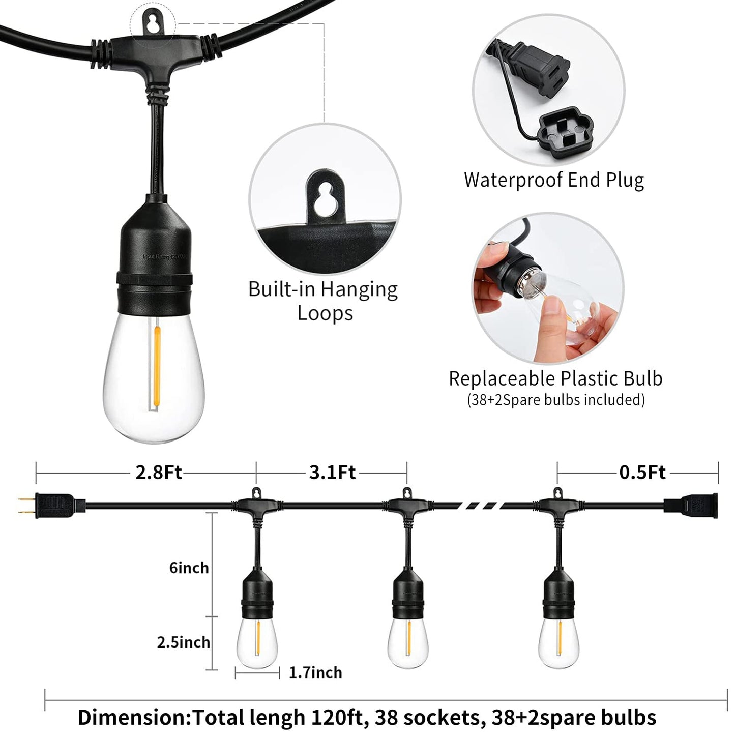 200ft Lichterkette für draußen, LED-Terrassenbeleuchtung für draußen, wasserdicht, mit 63 bruchsicheren Edison-Lichtern, Lichterkette für draußen, 2200K, Außenbeleuchtung für Terrasse, Pavillon, Pergola, Café 