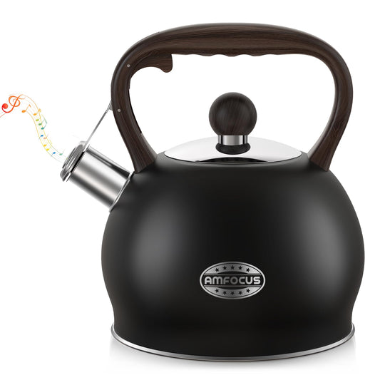 Tea Kettle Whistling Teapot for Stovetop : 2.64 Quart Food Grade Stainless Steel Tea Pot with Ergonomic Handle, Loud Whistle Camping Kettle for Tea, Coffee, Milk - Black