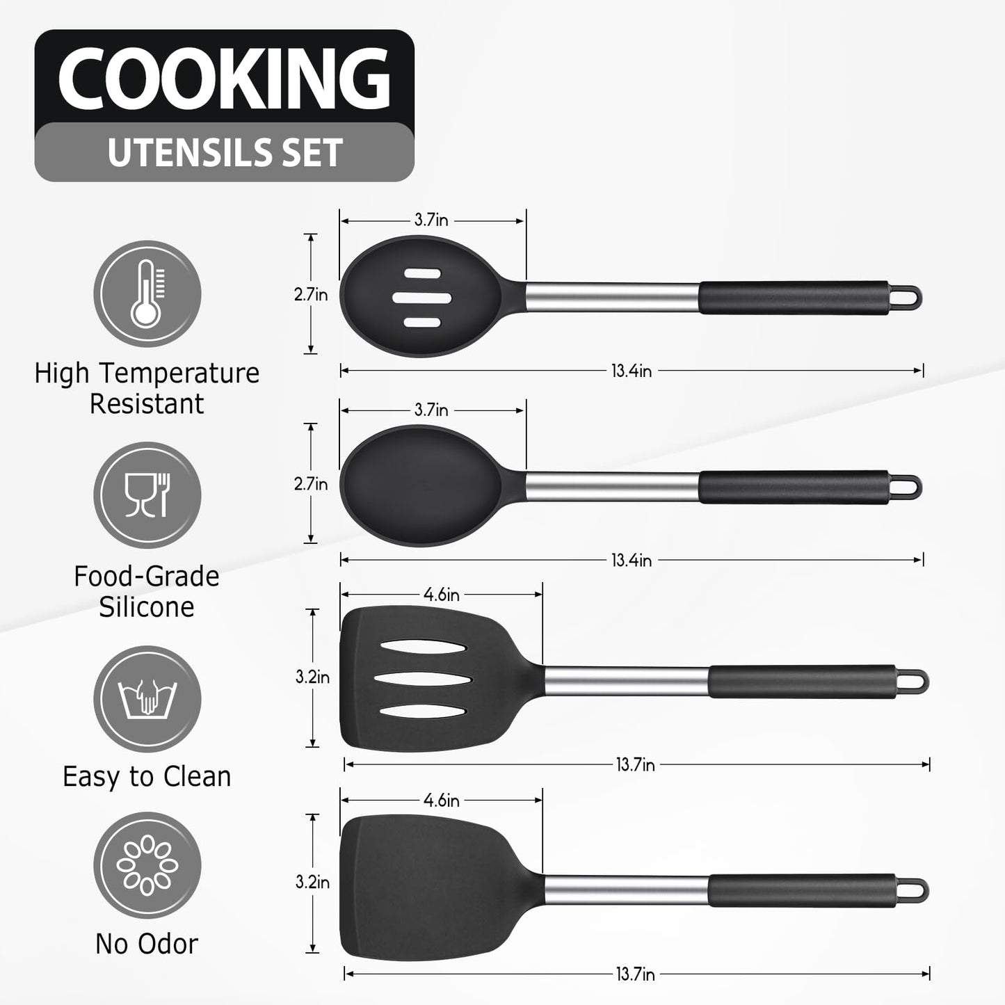 Pack of 4 Large Silicone Cooking Spatulas and Spoons, Slotted and Solid Stainless Steel Cooking Utensils Set, Non-stick Heat Resistant Kitchen for Baking, Fried, Stir-Fry, Mixing, Serving (Grey)