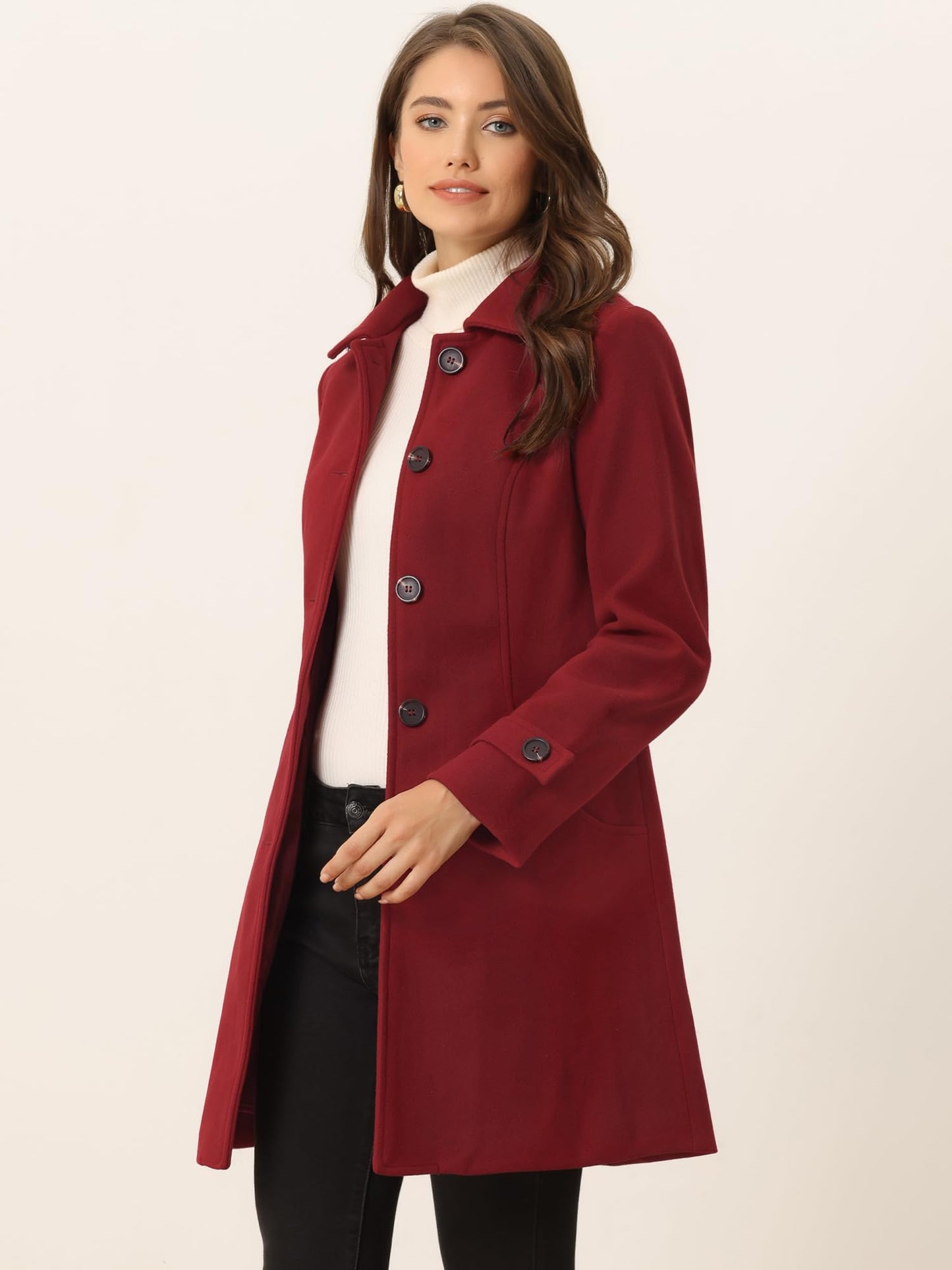 Allegra K Damen Winter Oberbekleidung Mantel Peter Pan Kragen Mitte Oberschenkel A-Linie Einreihig Pea Coat