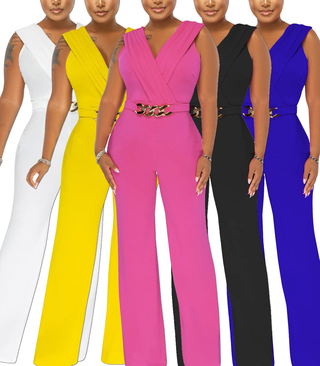 Women's Summer Formal Dressy Jumpsuits Elegant V Neck Sleeveless Party Rompers Stretchy Wrap Wide Leg Long Pants Clubwear