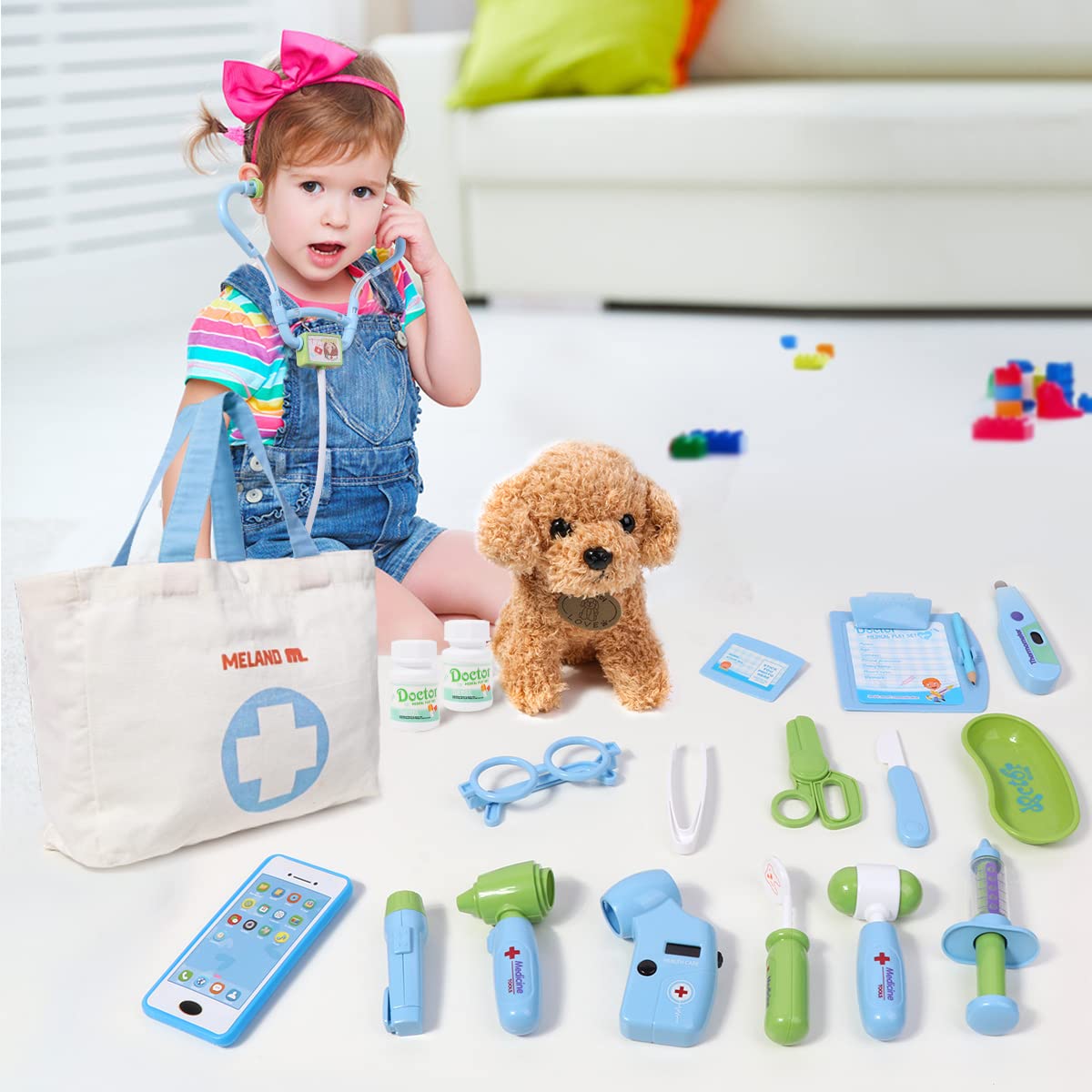 Kit de docteur jouet Meland pour filles - Ensemble de jeu de docteur avec jouet pour chien, sac de transport, jouet stéthoscope et costume de déguisement - Cadeau de jeu de docteur pour enfants de 3, 4, 5, 6 ans pour jeu de rôle 