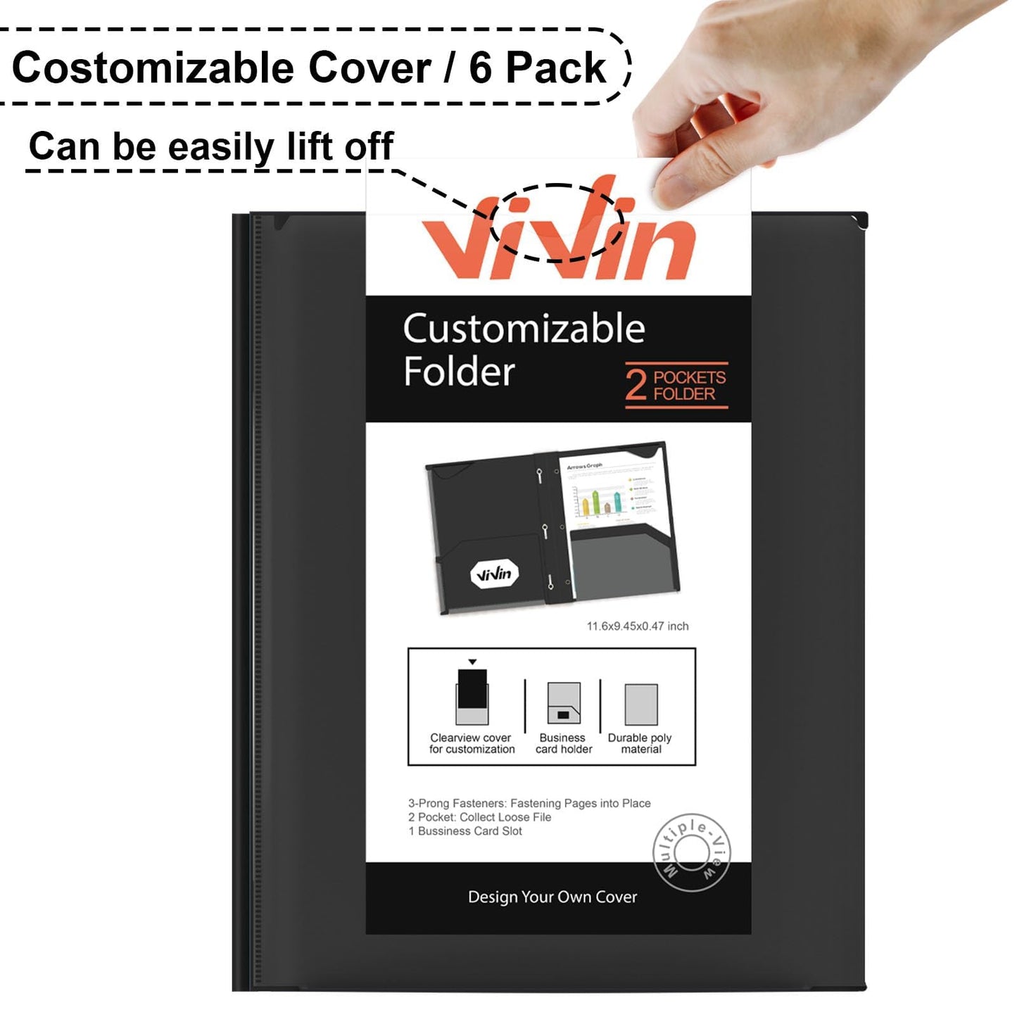 ViVin Heavyweight Plastic Folders with Pockets and Prongs, Two Pockets, Clear Front Pocket & Stay-Put Tabs, 6 Pack, Hold US Letter Size Paper, for School and Office - White