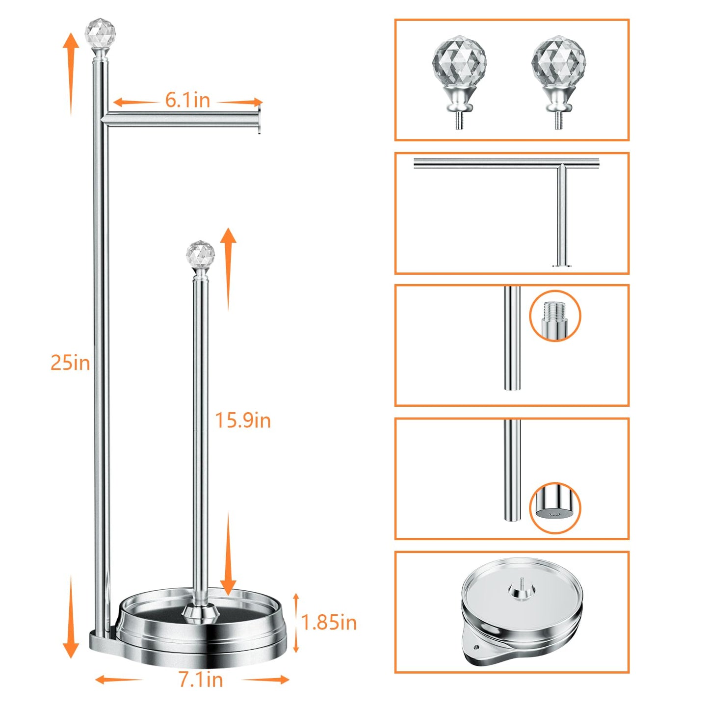 Weighted Freestanding Toilet Paper Holder – Metal Bathroom Stand with Crystal Accent